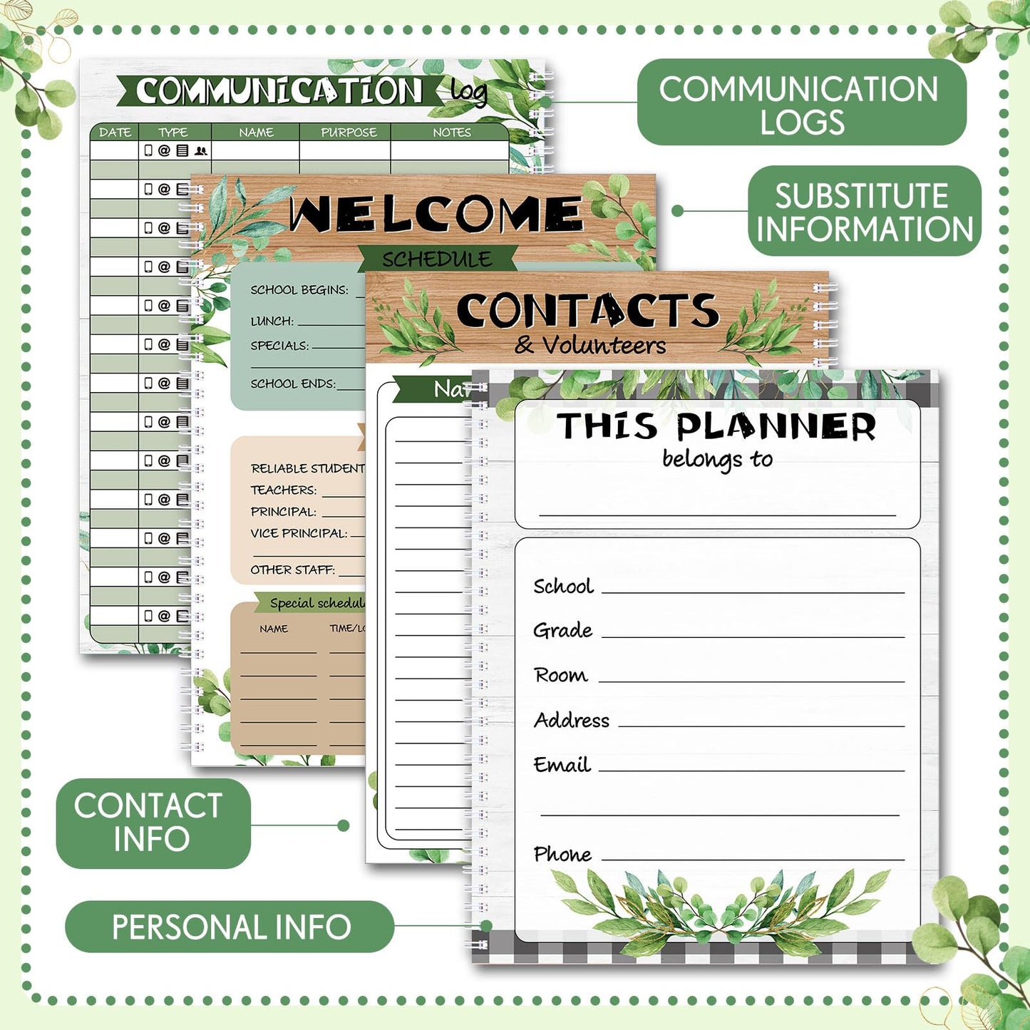Fuyoooo Eucalyptus Teacher Planner Undated Academic Year Teacher Lesson Planner Book Green Plants Daily Weekly Monthly Spiral Planner Checklist Organizer with Stickers for Classroom, 8.5'' x 11''