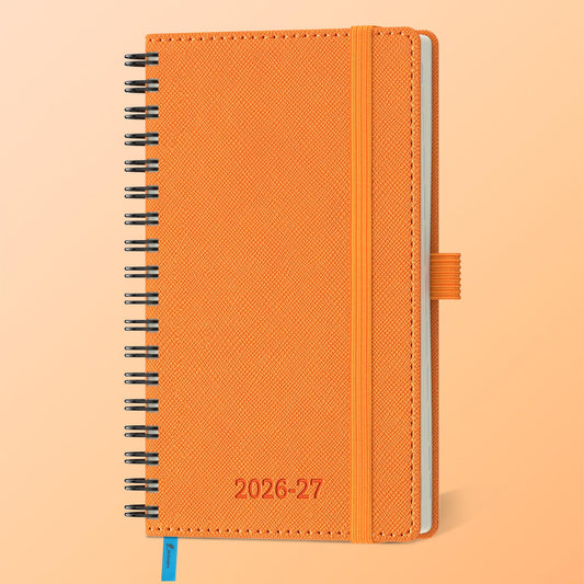 IN-LUXPRO Planner 2026-2027 Daily Weekly and Monthly,6.5"x3.75",18 Months Spiral Bound Calendar Agenda with Self-adhesive Pen Holder,2026 Academic Plan with Vegan Leather Soft Cover,Orange
