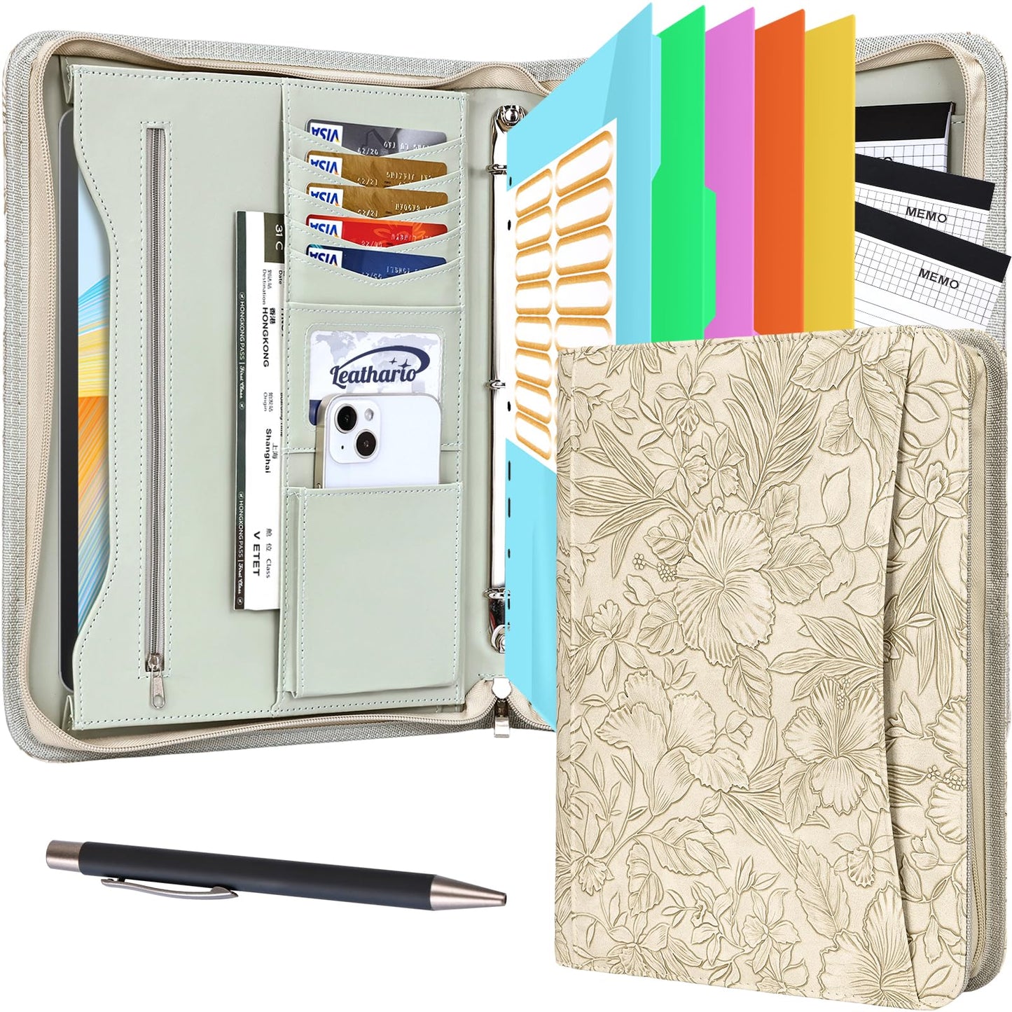 Leathario Portfolio Binder, Includes 5 Folder Index Dividers and 3 Notepads, 3-Ring Folder Organizer, Padfolio with Zipper, Vegan Leather Tablet Sleeve, Business Office Conference Clipboards