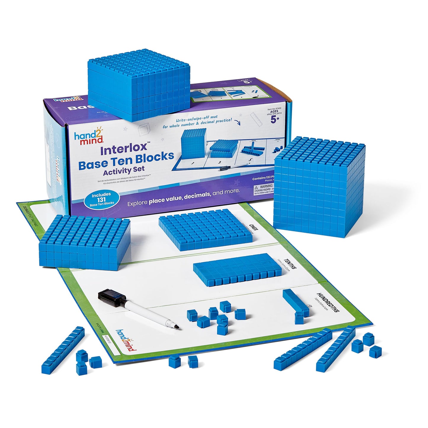 hand2mind Interlox Base Ten Blocks Activity Set, Place Value Manipulatives, Base 10 Blocks for Math, Counting Cubes, Math Manipulatives 1st Grade, Small Group Classroom Must Haves (133 Pieces)