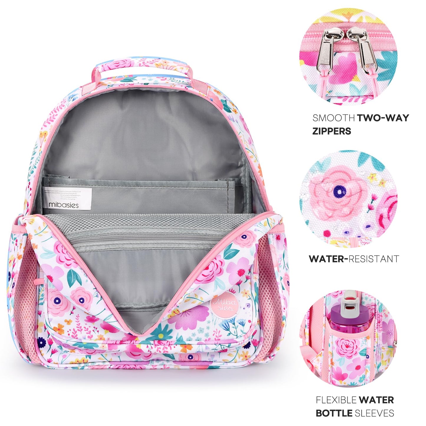 mibasies Kids Backpack for Girls: Girls Backpack 5-8 - Kindergarten Elementary School Bookbag for Girl - Flower Pink