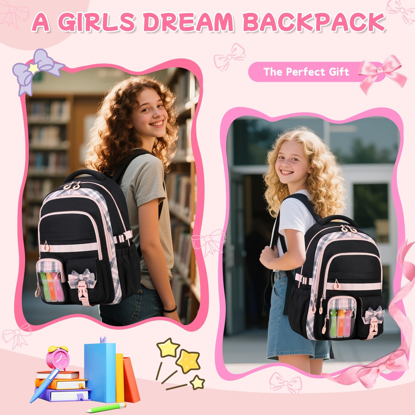 QIXIHU Girls Backpack, 17-Inch Bookbag for Middle & Elementary School, Kawaii Kids Backpack for Girls Ages 6-12(Black Pink)