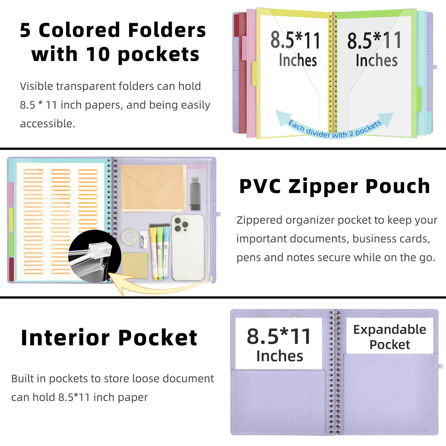 Ospelelf Foldable Spiral Clipboard Folio with Storage Zipper Pouch, 5 Plastic Folders with 10 Pockets, Refillable Lined Notepad (11" x 8.5"), Linen Hardcover Project Organizer (Light Purple)