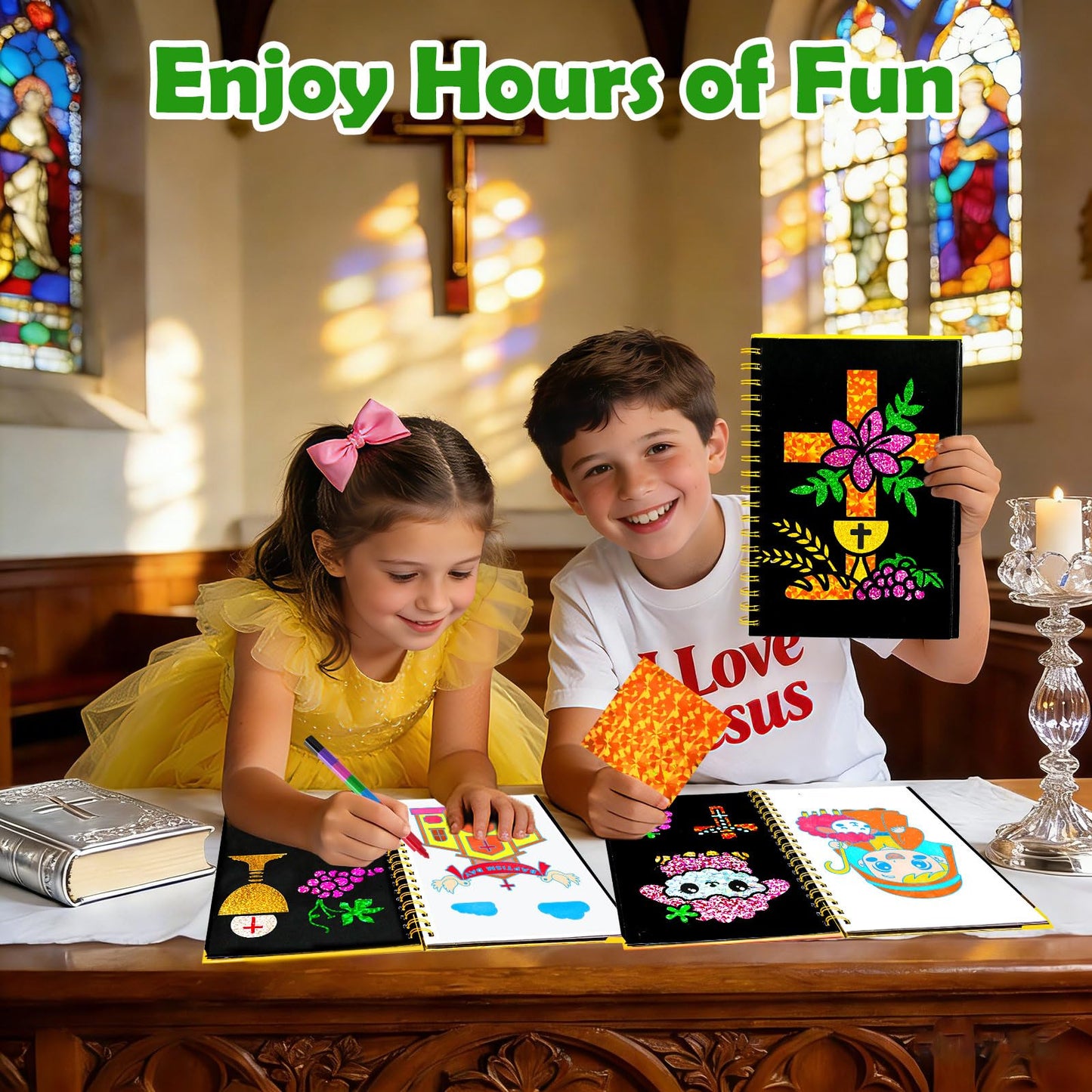 FUNNYB&G Foil Art Craft Kit for Kids 4-10 Years Old: Mess-Free & No-Glue, Create 16 Sparkly Christian Pictures – Perfect Travel Toy & Birthday Gift for Kids (Christian)