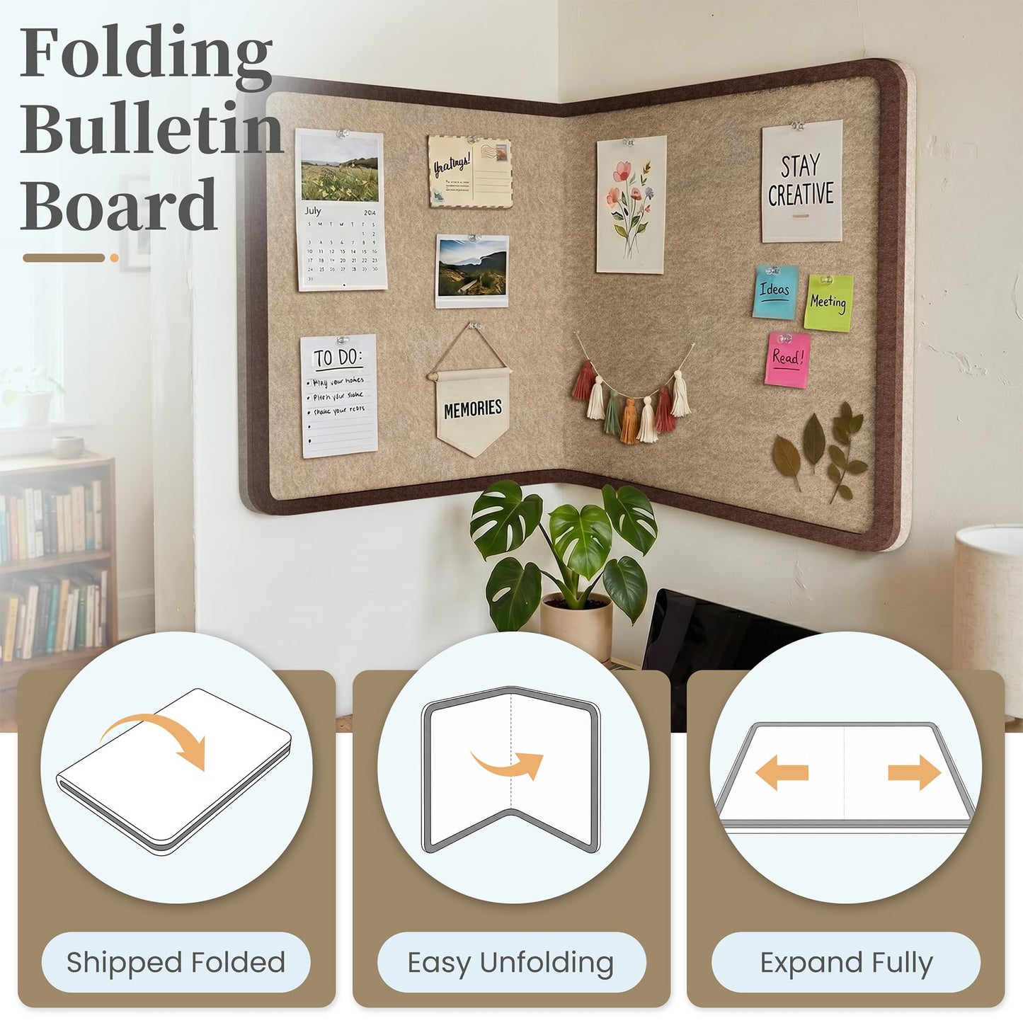 KERRAM Bulletin Board, 48 x 36 inches Decorative Felt Board Foldable Photo Board Pin Boards, Cork Board Alternative for Walls, Office, Home, Classroom with Pushpins ＆ Small Storage Bag, Brown