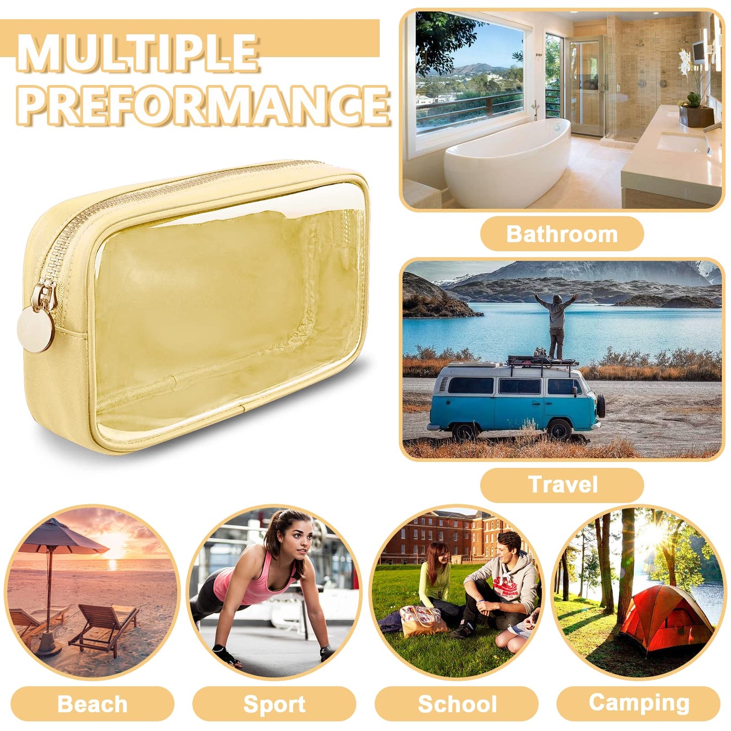 UIXIZQ Clear Small Makeup Bag with Zipper, Nylon&PVC Cosmetic Travel Bag Preppy TSA Approved Toiletry Bag for Women Girls, Transparent Waterproof Makeup Pouches Cute Travel Bag for Purse(Small-Beige)