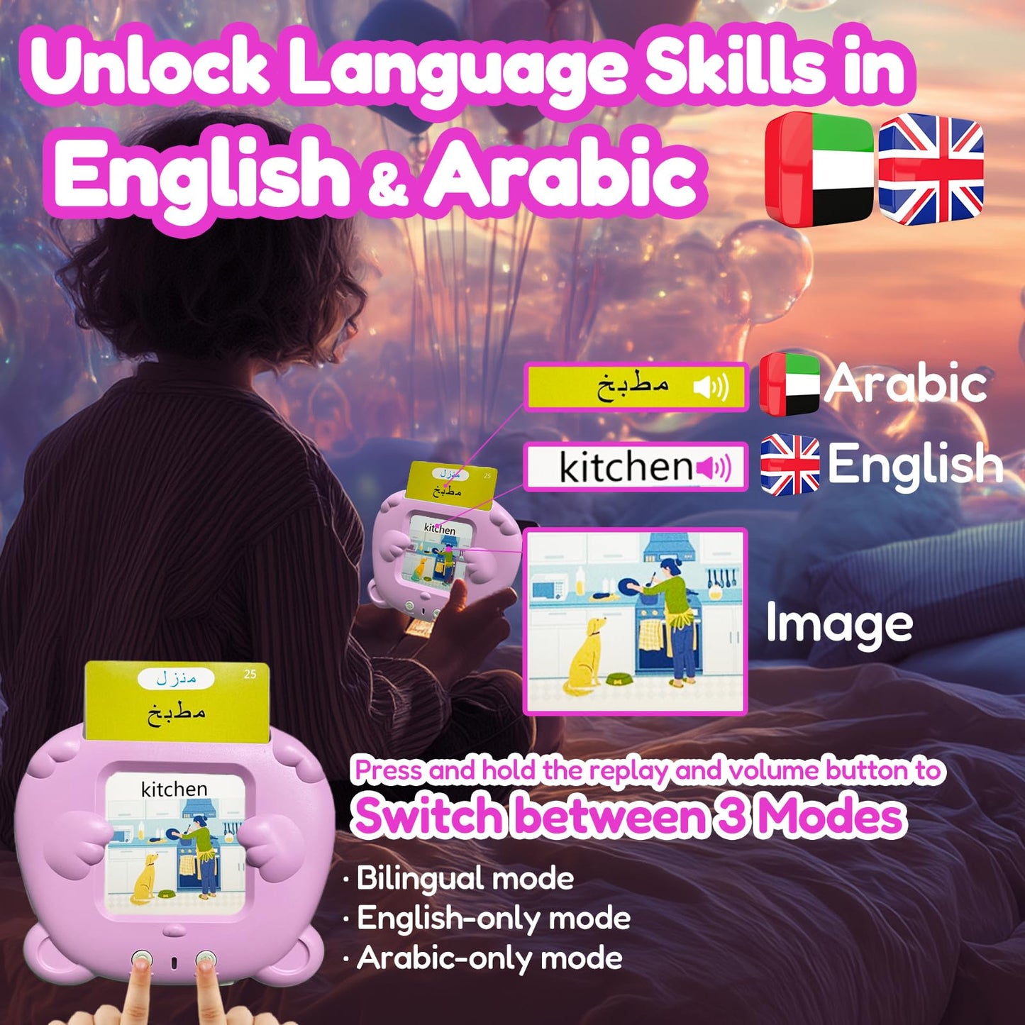 MoLingvora Bilingual Talking Flash Cards for Kids - Arabic English Flashcards Children Adults, 510 Sight Words, ABC Alphabet, Pocket Speech for Toddlers, Audible Sensory Toys (Arabic, Pink)