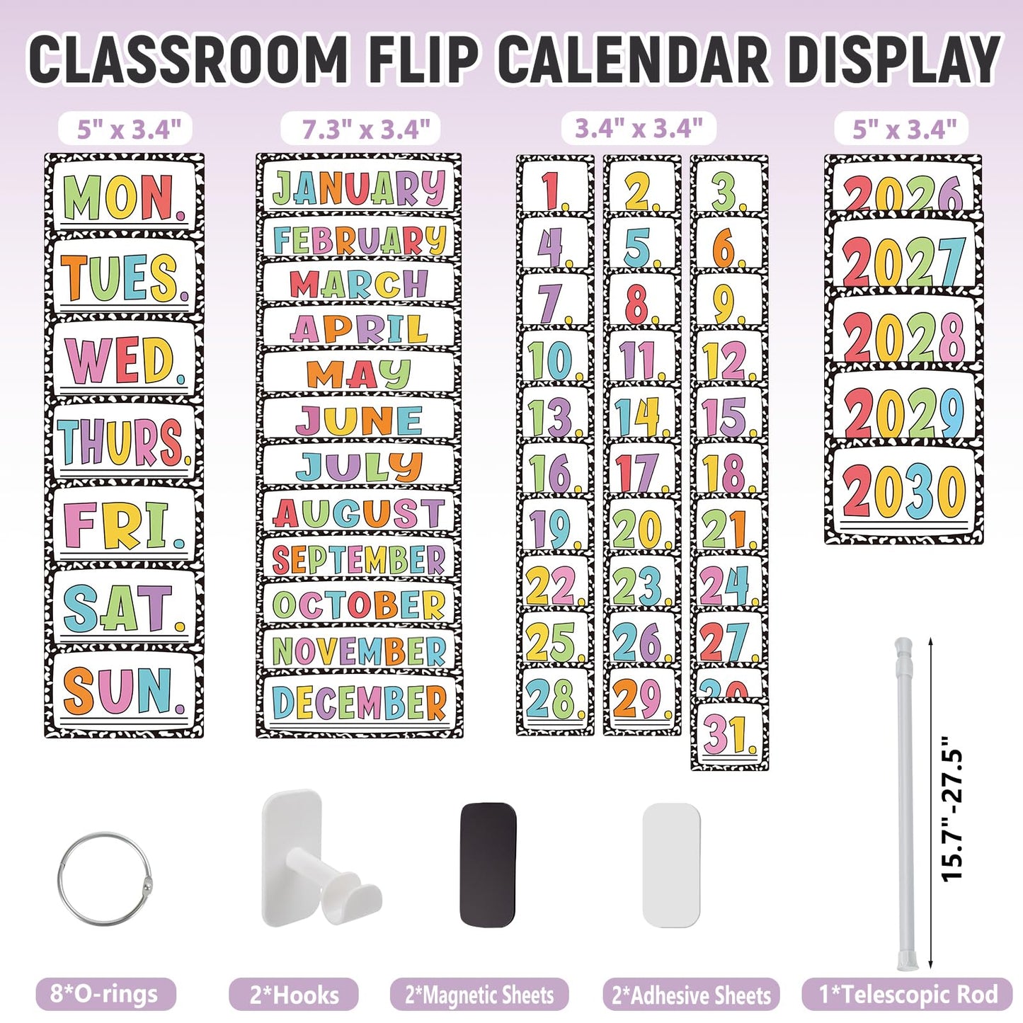 Upgraded 2-in-1 Flip Calendar for Classroom with Magnetic & Adhesive Fixing, Adjustable Magnetic Rod Flip Calendar for Whiteboard, Black and White Classroom Decor Bulletin Board Set (Speckled)