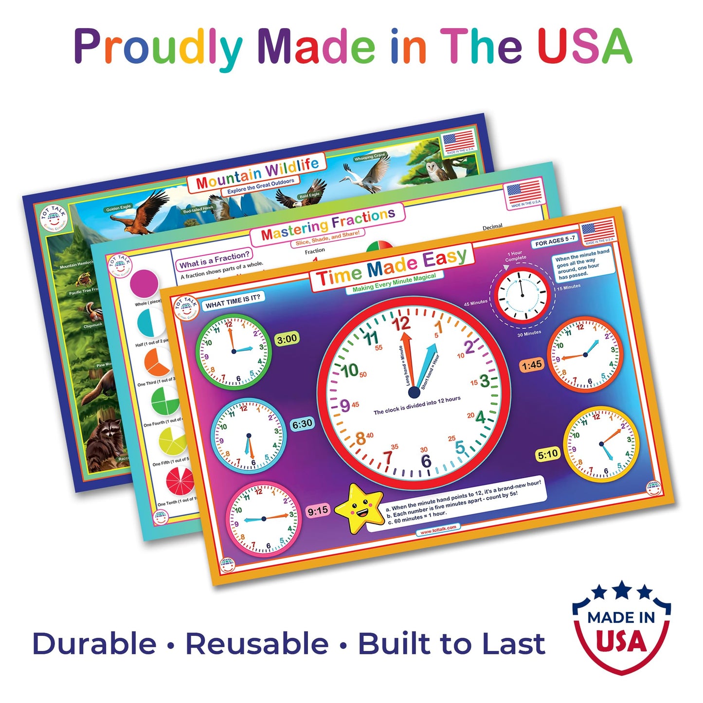 Tot Talk Early Learning Educational Placemat 4-Pack for Kids – Made in USA – Uppercase ABCs Alphabet, Lowercase ABCs, Numbers and Shapes – Durable, Double-Sided, Waterproof, Wipeable Learning Mats