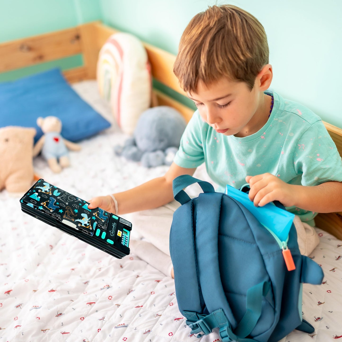 Decorably Pop Up Multifunction Dinosaur Pencil Case with Calculator for Boys, with Sharpener, Pen Slots, Mini Drawer and 2 Main Compartments with Magnetic Closure - Back to School Gift for Kids