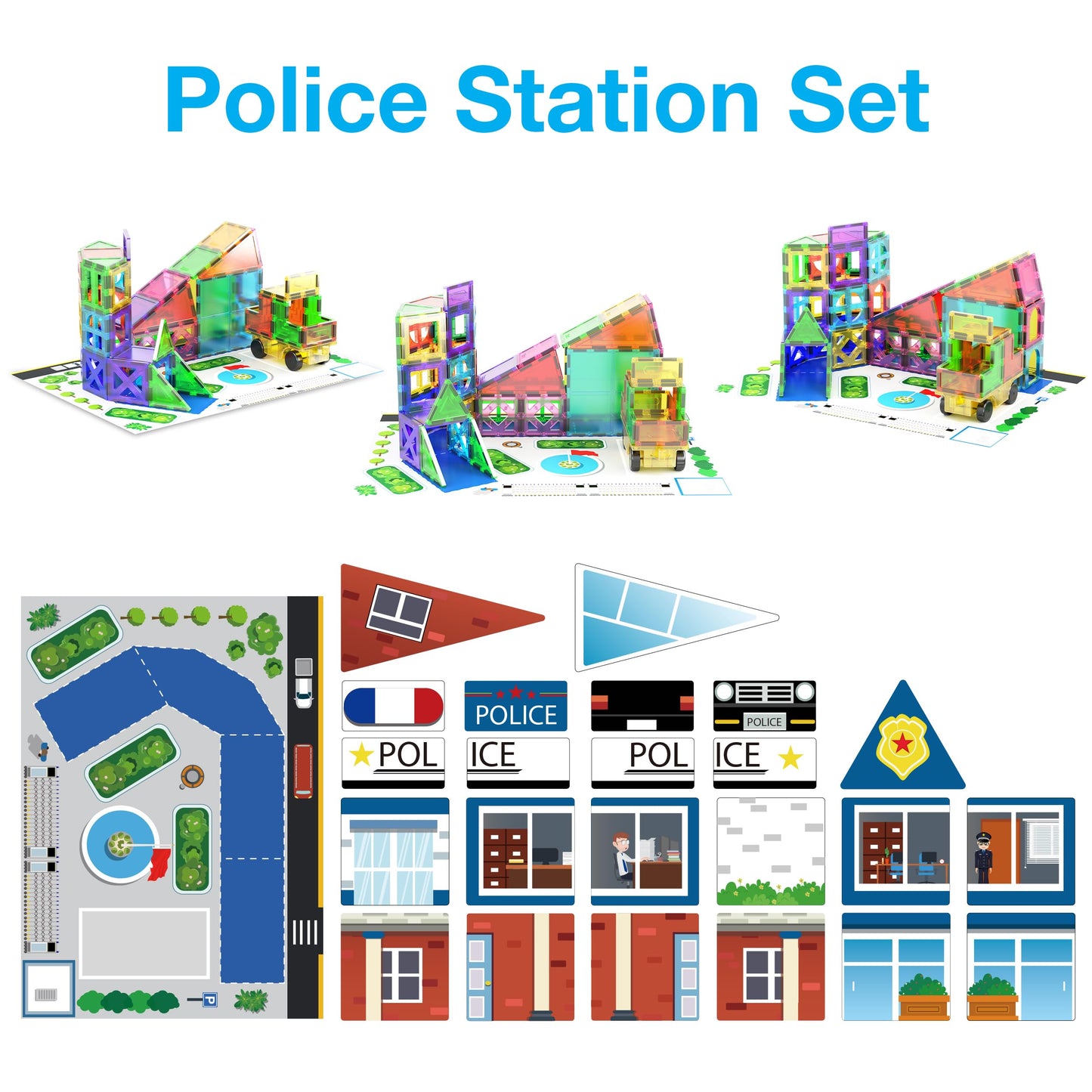 PicassoTiles 3-in-1 Theme Set School Hospital Police Station Magnet Self Adhesive Backing Stick-On Sheet Combo w/Car Magnet Building Block Playset STEM Learning Construction Brain Development Kit