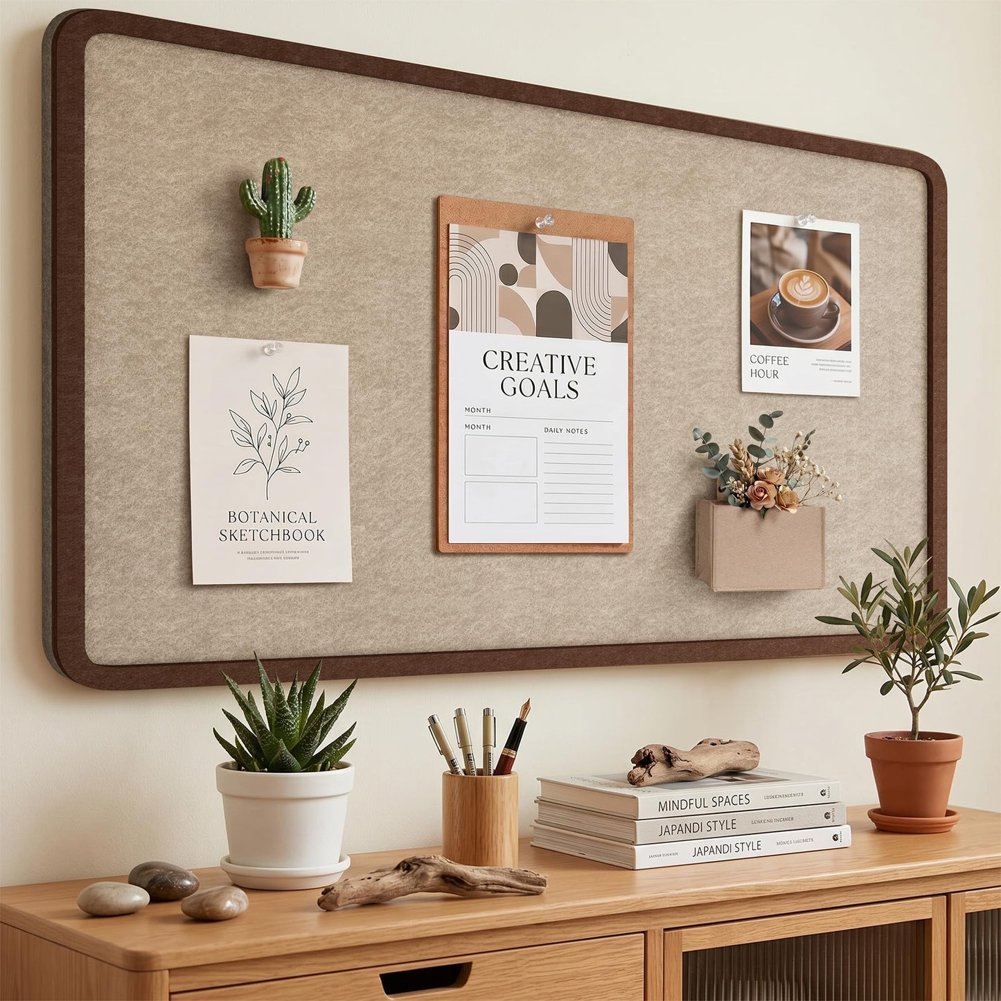 KERRAM Bulletin Board, 48 x 36 inches Decorative Felt Board Foldable Photo Board Pin Boards, Cork Board Alternative for Walls, Office, Home, Classroom with Pushpins ＆ Small Storage Bag, Brown