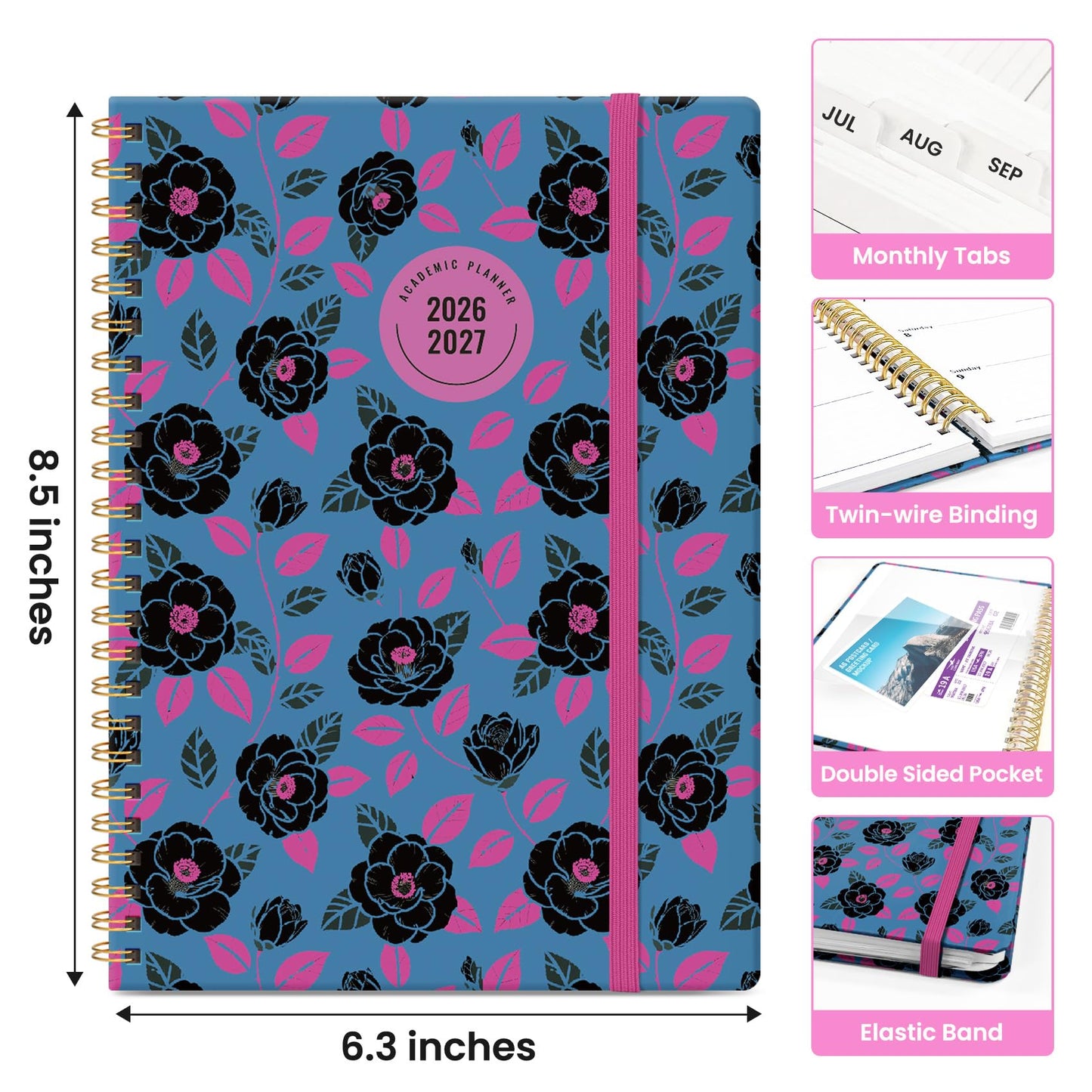 Planner 2026–2027, Weekly & Monthly Academic Organizer for School Year, Jul 2026–Jun 2027, Hardcover Planner with Tabs, Back to School Essential, 6.3" x 8.5", Midnight Roses