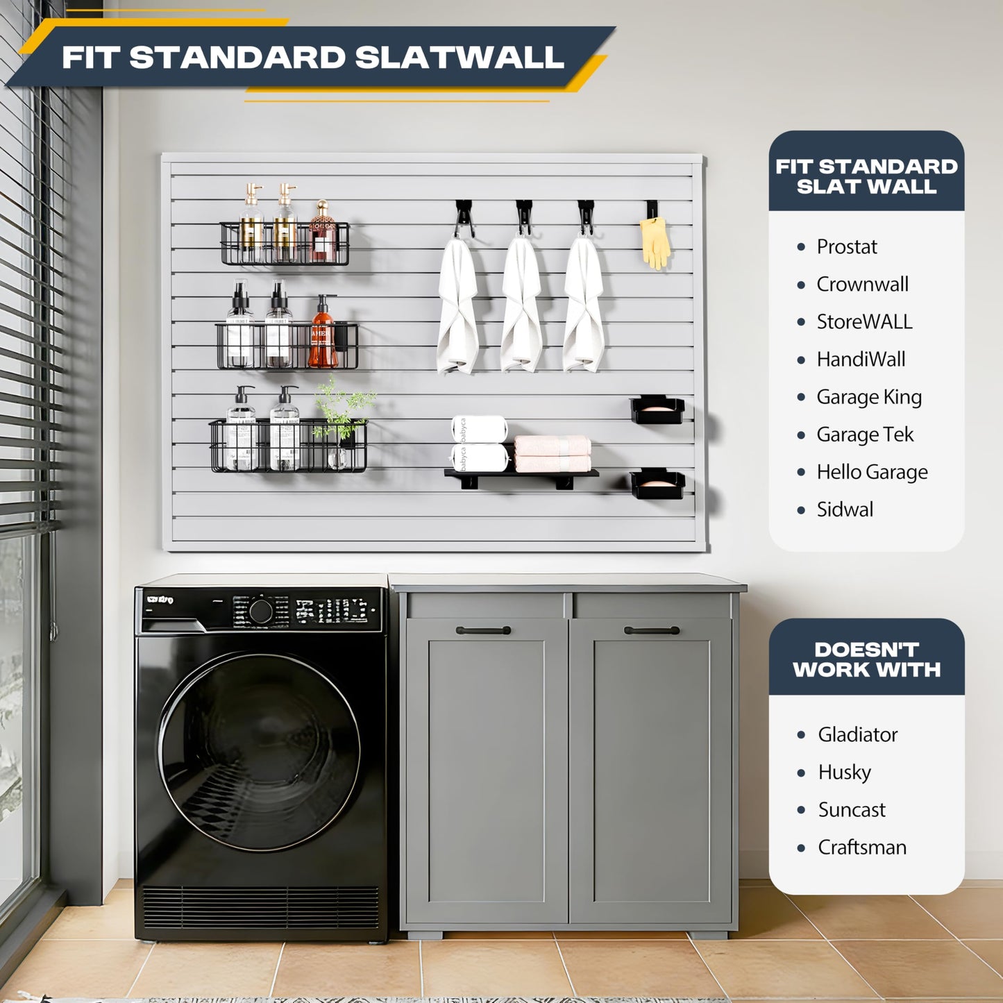 35Pcs Slatwall Accessories Kit, with Slatwall Hooks, Baskets, Shelves, Bins, Heavy Duty Slat Wall Accessory for Garage Organization, Workshop & Utility Room