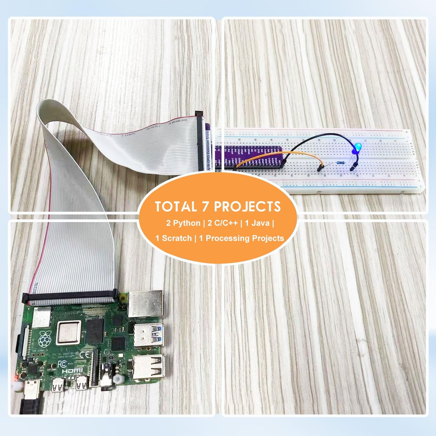RPi GPIO Breakout Expansion Kit for Raspberry Pi 4B 3B+ 3B 2B B+ with 830 Tie Points Solderless Breadboard, 40pin GPIO Flat Ribbon Cable, 65pcs Jumper Wire (Without RPi Board)