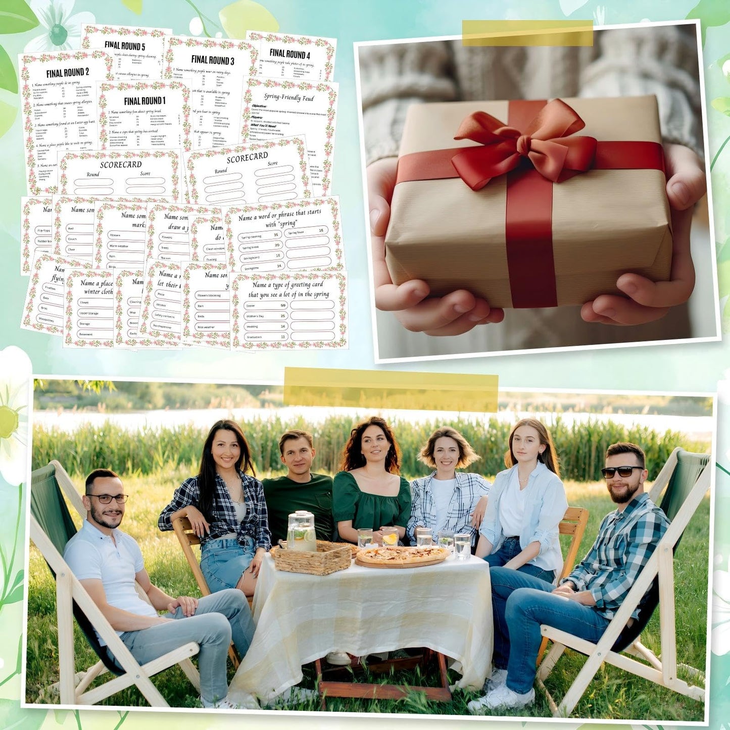 Humyoun Spring Friendly Feud Game with 2 Answer Buzzers, Floral Feud Cards for Family Game Night Fun Trivia Quiz for Party Office Class Groups Team Building