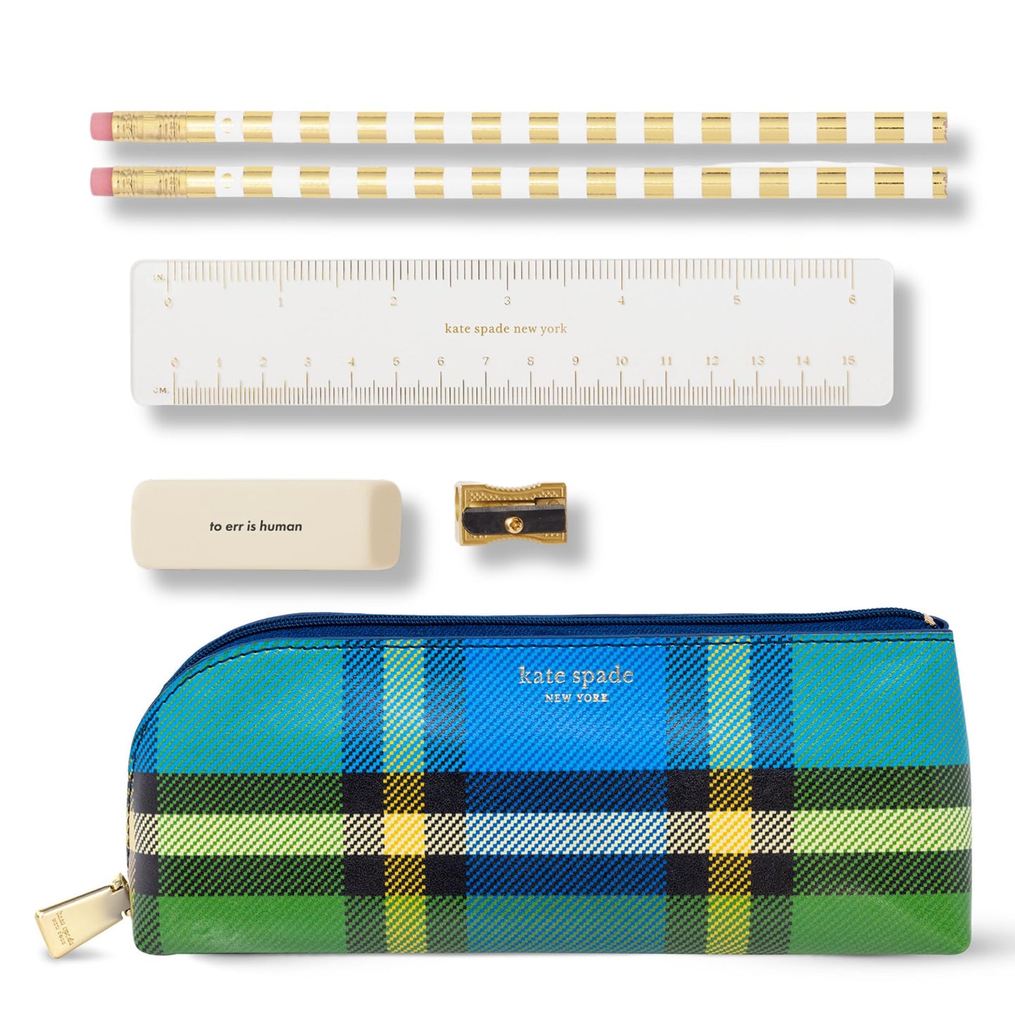 kate spade new york Pen and Pencil Case with Office Supplies, Zip Pouch Includes 2 Pencils, Sharpener, Eraser, and Ruler, Grand Plaid Duo