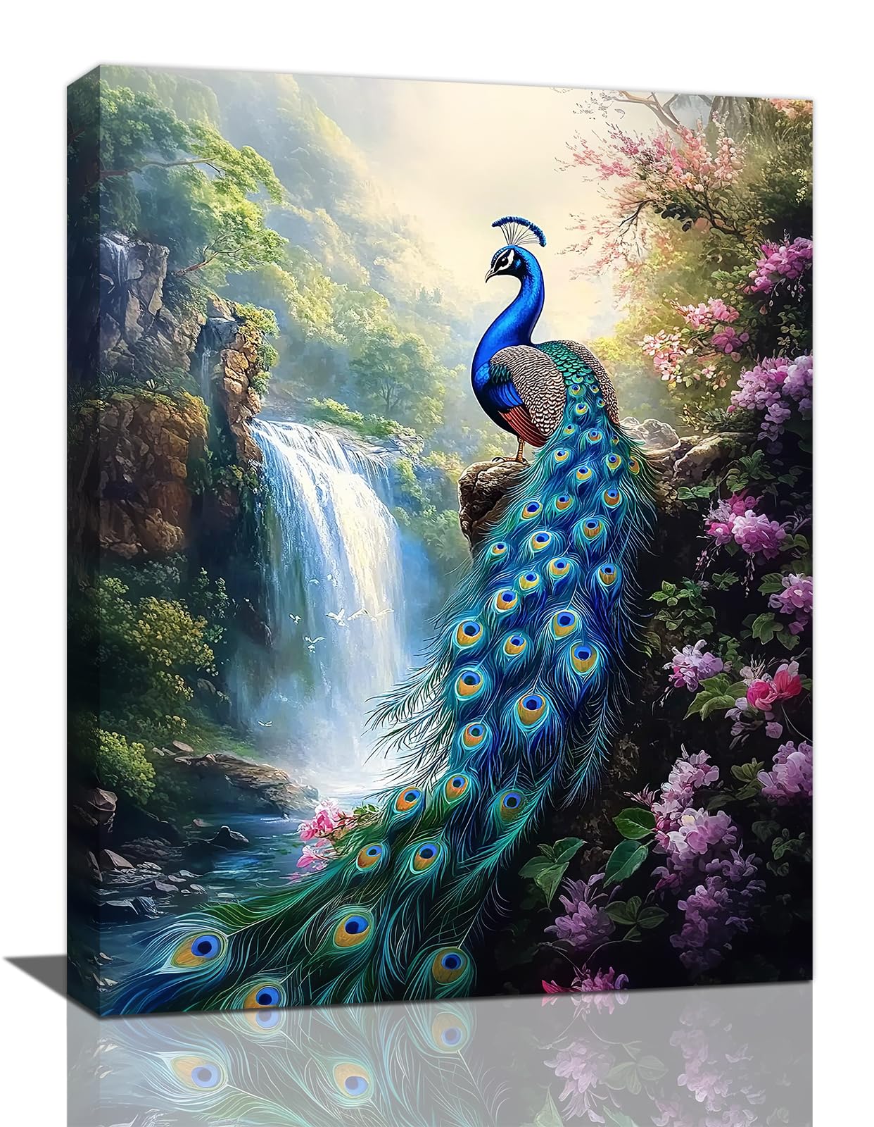 Peacock wall art, Flower Waterfall Pictures Wall Decor, Peacock Canvas Prints Painting, Framed Fashion Artwork for Bathroom Bedroom Living Room Kitchen Dinning Room Office Home Decoration 12x16