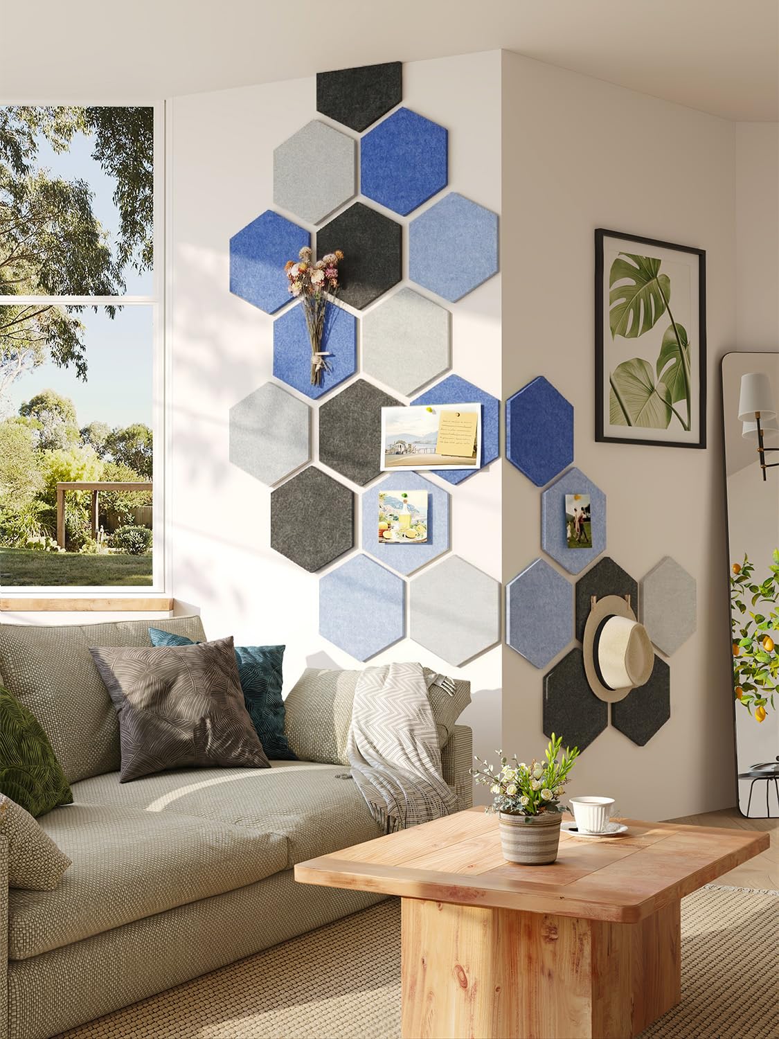 Uoisaiko 8 Pack Hexagon Felt Bulletin Board Tiles - 12" Large Thick Pin Board for Walls with 30 Push Pins, DIY Boards for Office Home School Decor, Aesthetic Hex Cork Board Alternative