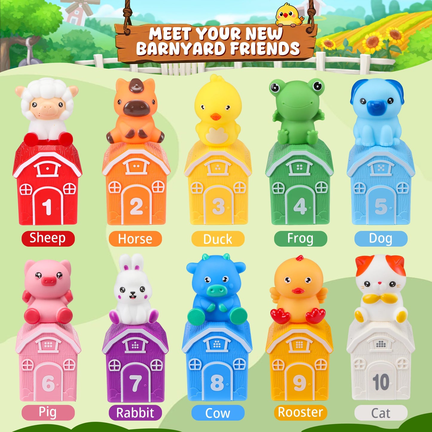 Montessori Toys for Toddlers, 20Pcs Farm Animal Toy Counting, Matching, Sorting Preschool Learning Toy Barn Toy including 10 Barns,10 Finger Puppets and 2 Stickers Birthday Gift Baby Boys Girls