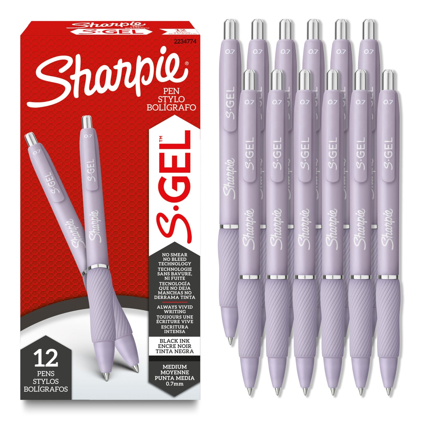 Sharpie S-Gel, Gel Pens, Medium Point (0.7mm), Icy Violet Barrel, Black Ink, 12 Count