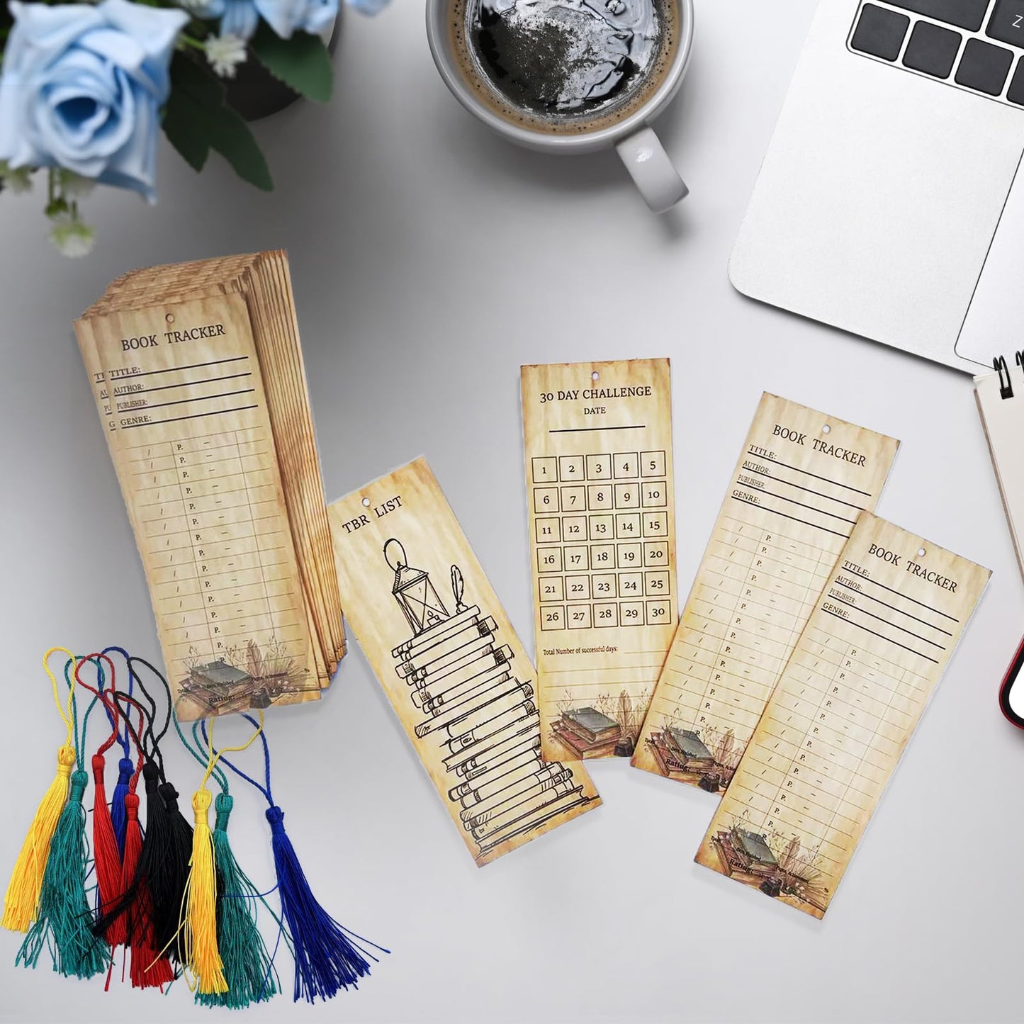 Book Tracker Bookmark Reading Log Journal 30-Day Habit Record Cardstock, 30PCS Cards with Tassel Creative Reading Accessories for Book Lover Reader Student Teacher