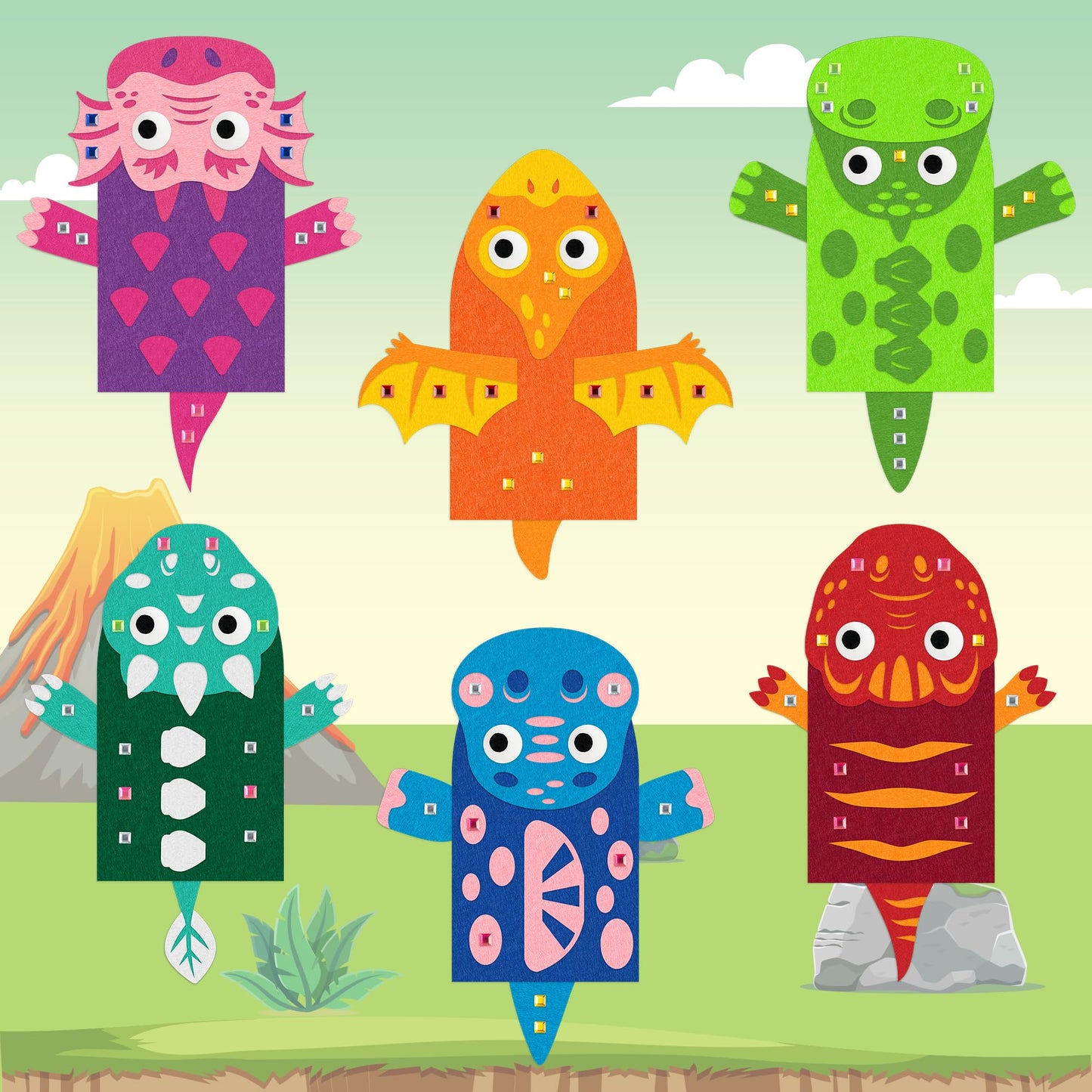 WATINC 6Pcs Hand Puppet Making Kit, Art Craft Felt Sock Puppet Toys, Creative DIY Make Your Own Pompoms Wiggle Googly Eyes Storytelling Role Play Party Supplies Gift for Girls Boys (Dinosaurs B)