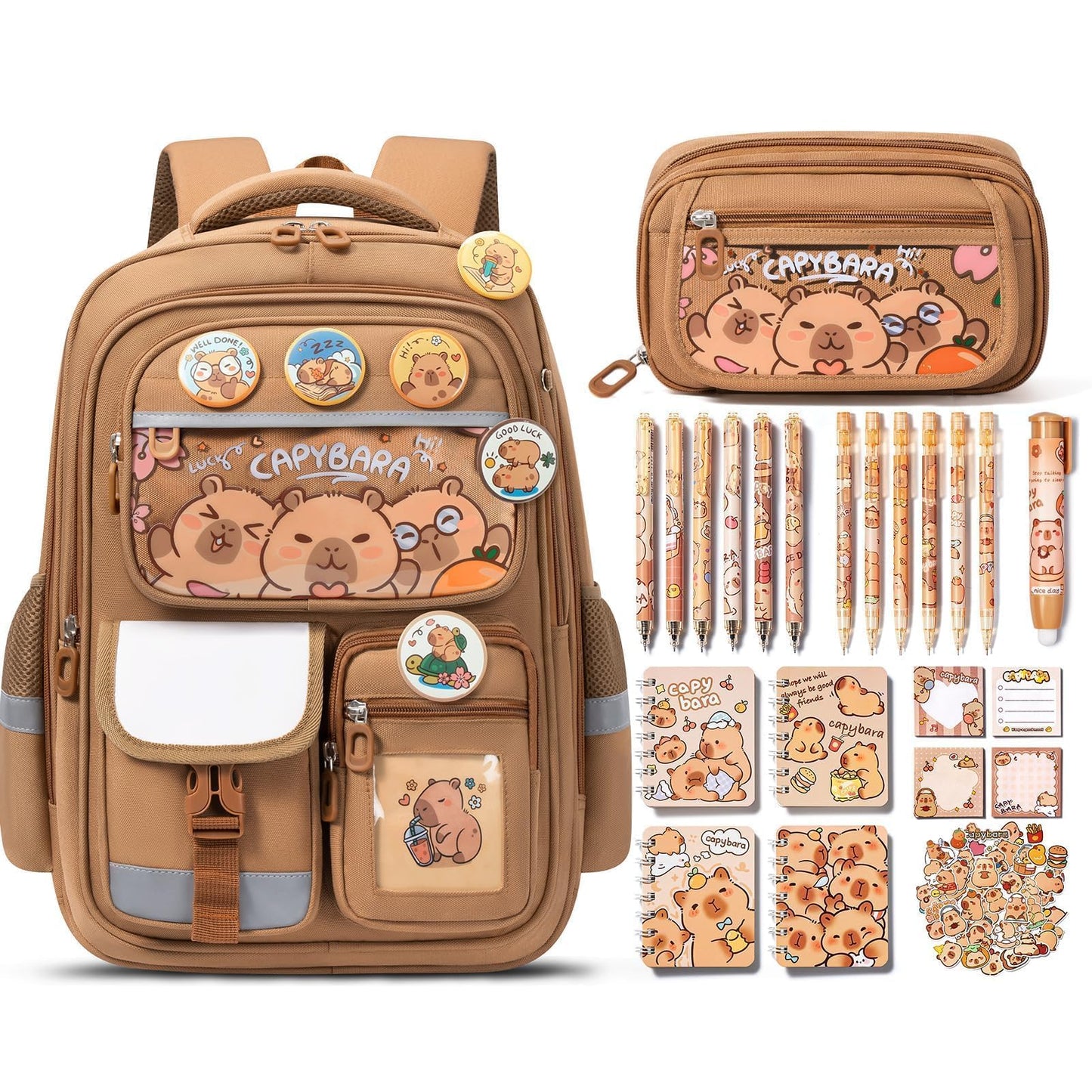Fimibuke Capybara Backpack for School Girls, 30PCS Capybara Toddler School Supplies Stationery Set with Bookbag Pencil Case Pens Pencils Notebook for Back to School Kindergarten Elementary Student