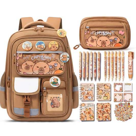Fimibuke Capybara Backpack for School Girls, 30PCS Capybara Toddler School Supplies Stationery Set with Bookbag Pencil Case Pens Pencils Notebook for Back to School Kindergarten Elementary Student