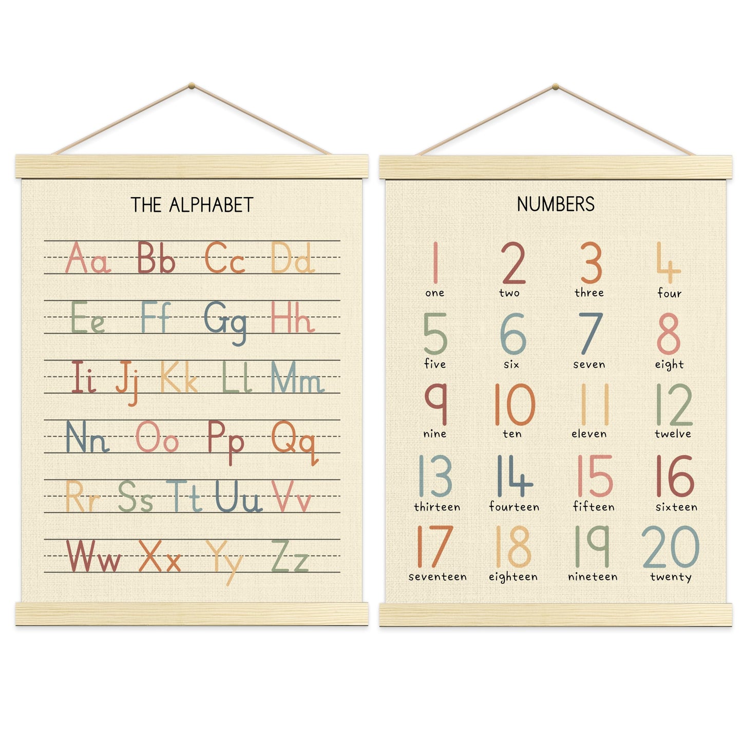 Numbers Alphabet Poster for Toddlers,Educational Wall Chart for Nursery Kids Learning, Homeschool & Playroom Decor and Bedroom for Wooden Hanger Frame Set of 2, 12x18 Inch - A01