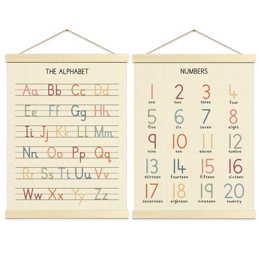 Numbers Alphabet Poster for Toddlers,Educational Wall Chart for Nursery Kids Learning, Homeschool & Playroom Decor and Bedroom for Wooden Hanger Frame Set of 2, 12x18 Inch - A01