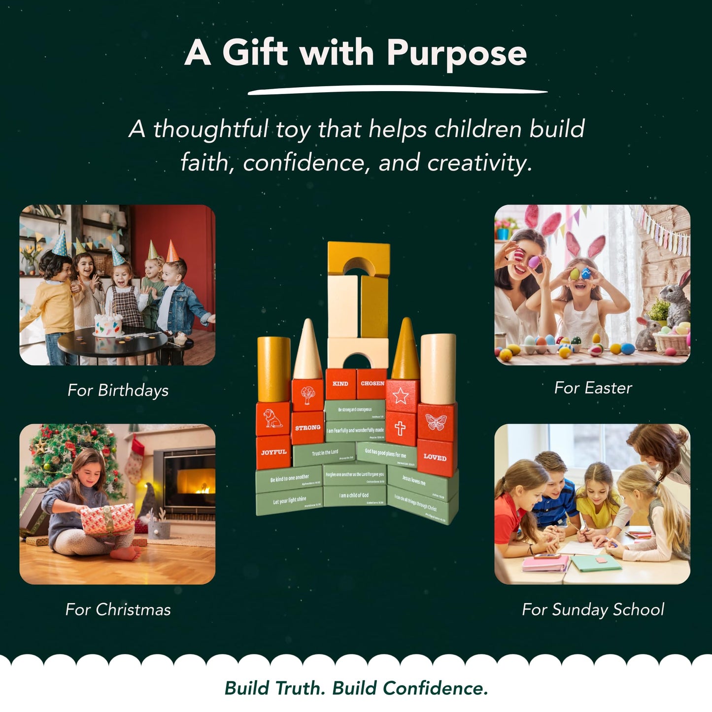 Bible Building Blocks for Kids – Christian Wooden Toy with Bible Verses & Positive Identity Words, Faith-Based Learning Set with Storybook & Storage Bag (Ages 3+) – Christian Gifts - KultureGames