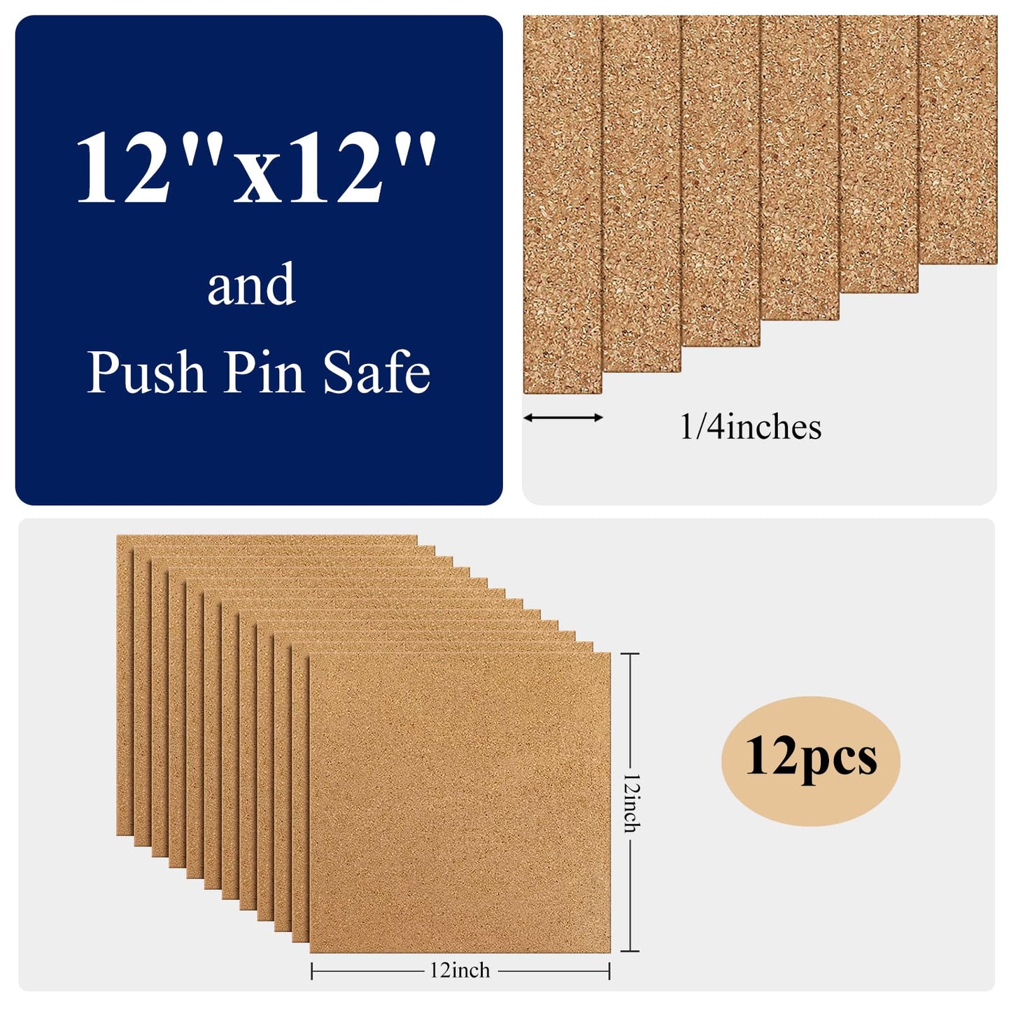 NACHLYNN Cork Board 12 Pack 12 x 12 Self-Adhesive Corkboards for Wall Square Bulletin Board with 100 Push Pins Frameless Cork Tiles for Walls Home Office