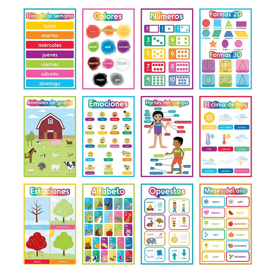 Carson Dellosa 16-Piece Spanish Early Learning Posters, 11" x 17" Colors, Numbers, Alphabet, Shapes, Sight Words Wall Art, ESL Preschool and Kindergarten Classroom Decor and Teacher Supplies