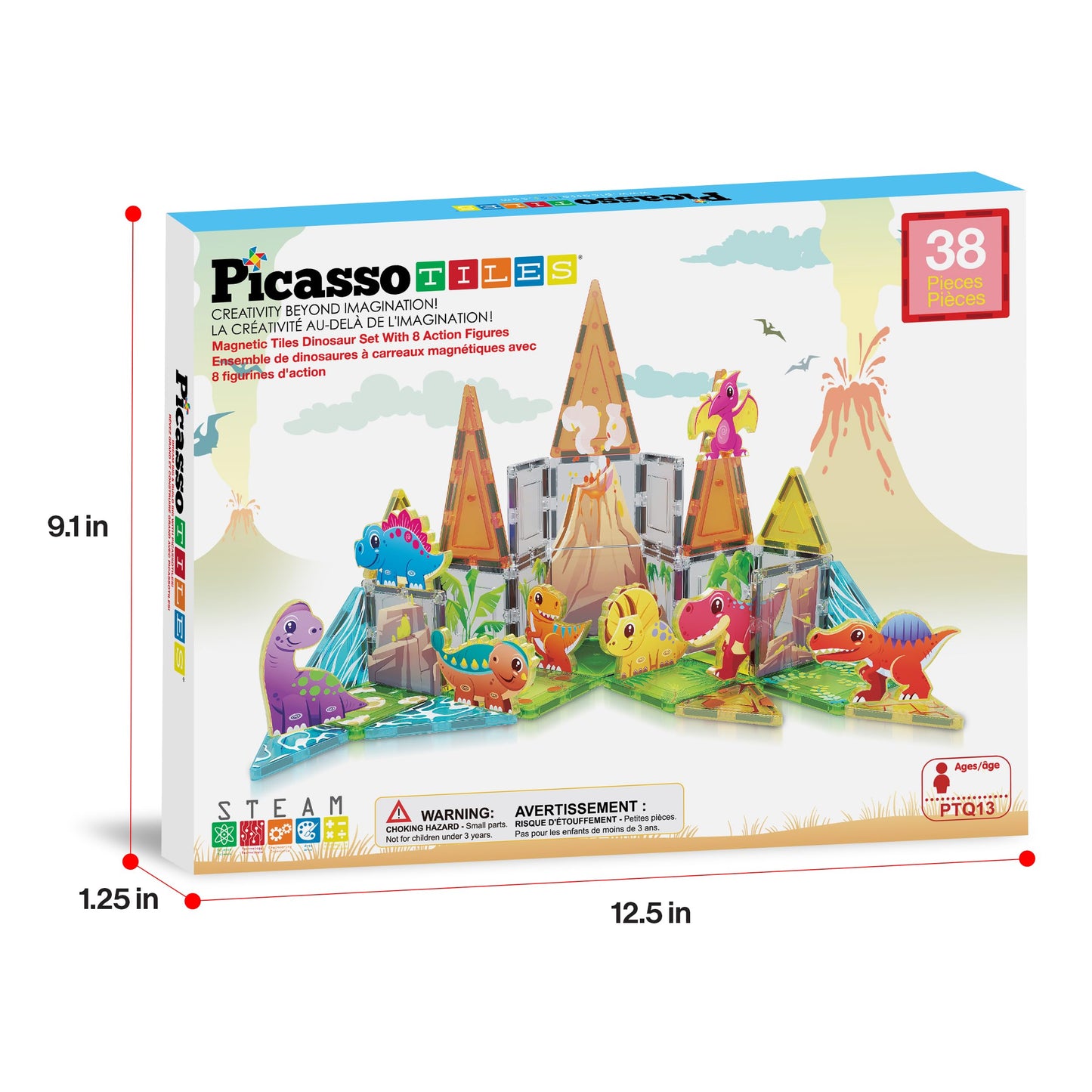 PicassoTiles Magnet Tiles Building Blocks Dinosaur Theme Set with 8 Magnetized Action Figures Magnetic Construction Build and Play Toy with Magnets STEM Learning Activities for Toddlers 3+ PTQ13