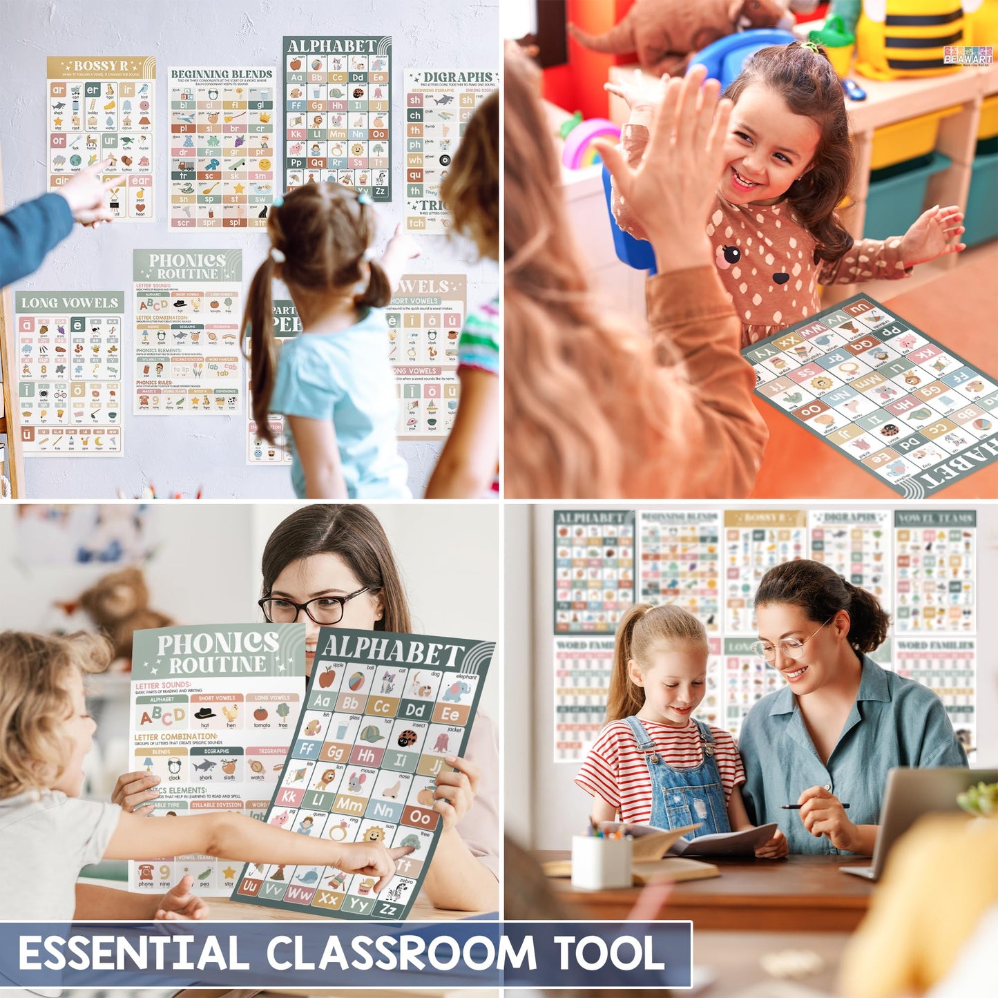 BEAWART 15 Pcs Boho Phonics Posters for Classroom (11"x17") ESL Classroom Decorations, Vowel Posters for School, Sound Wall Phonics Routine, Alphabet, Diphthongs, Word Families, Vowel Sounds