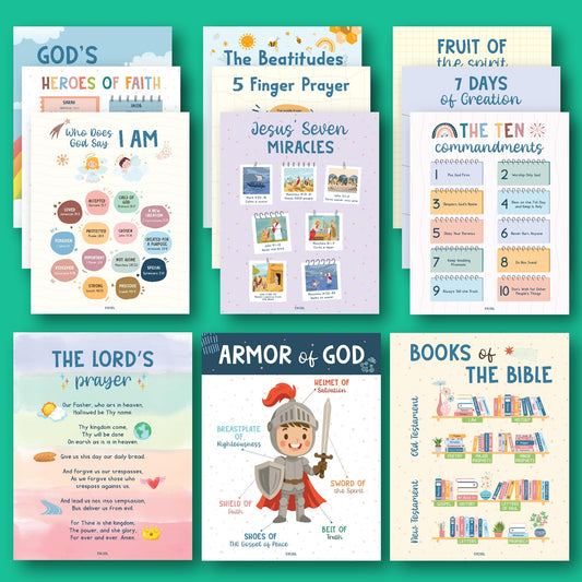 Excool Club Sunday School Decorations For Classroom - 12 Book Of The Bible Posters For Kids, Ten Commandments Fruit Of The Spirit Wall Art, Bible Study Supplies For Christian Classroom Decor (11"x14")