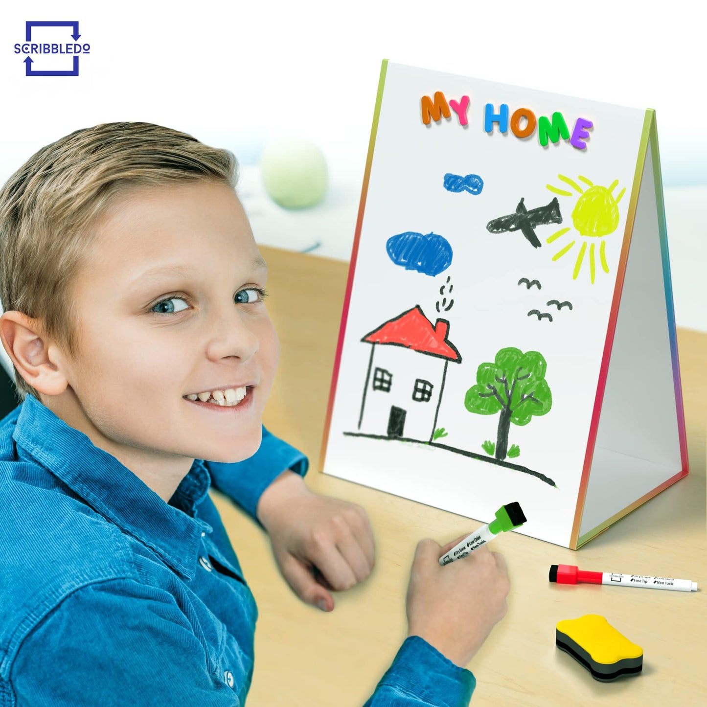 Scribbledo Table Top White Board Magnetic Easel for Kids Dry Erase Drawing Board Toddler Writing Tabletop Whiteboard with 6 Dry Erase Markers and 1 Eraser Included