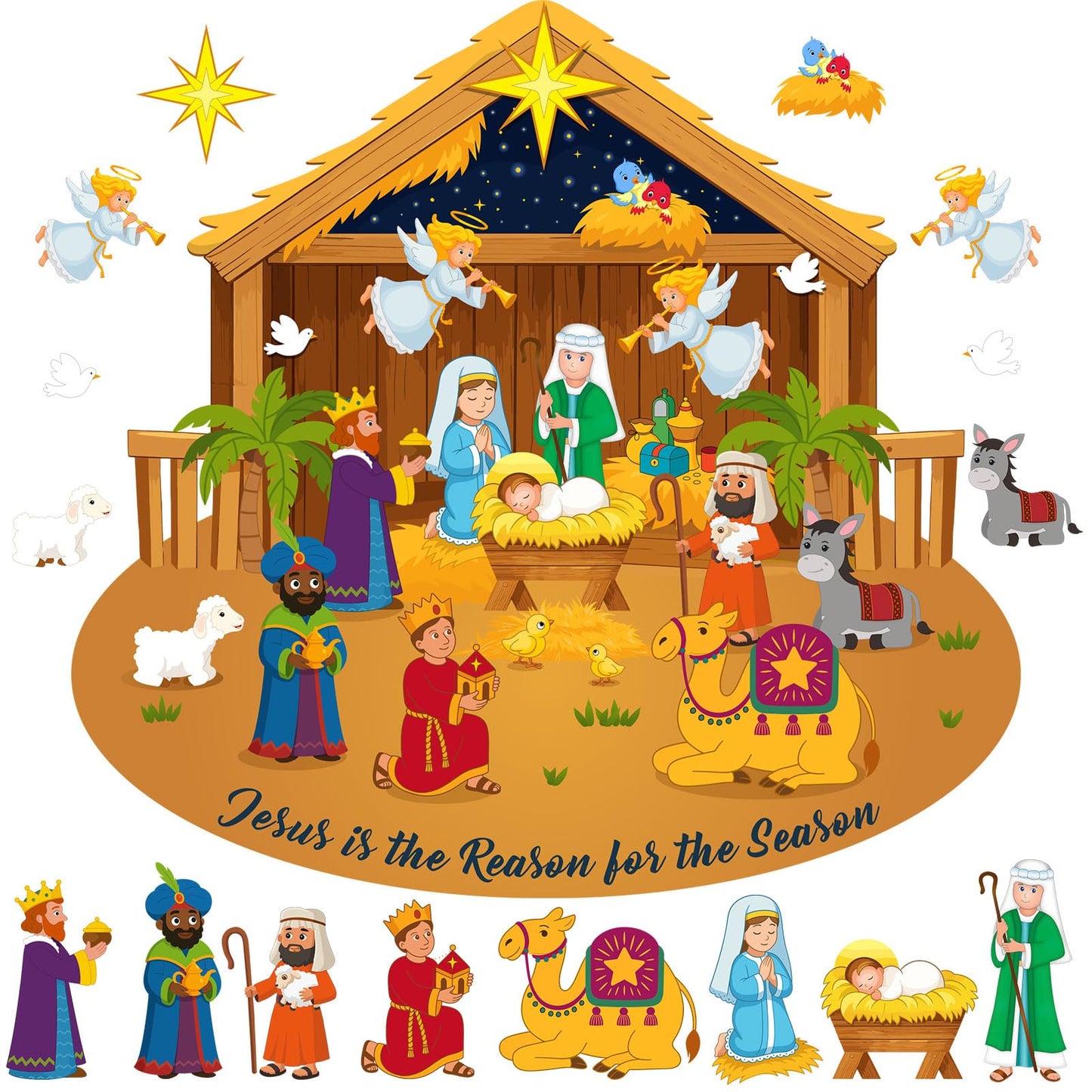 Tiamon Felt Christmas Tree Nativity Story Board Set Advent DIY Religious Nativity Scene with 16 Pcs Detachable Wall Ornaments Felt Board Craft Gift for Door Wall Decor