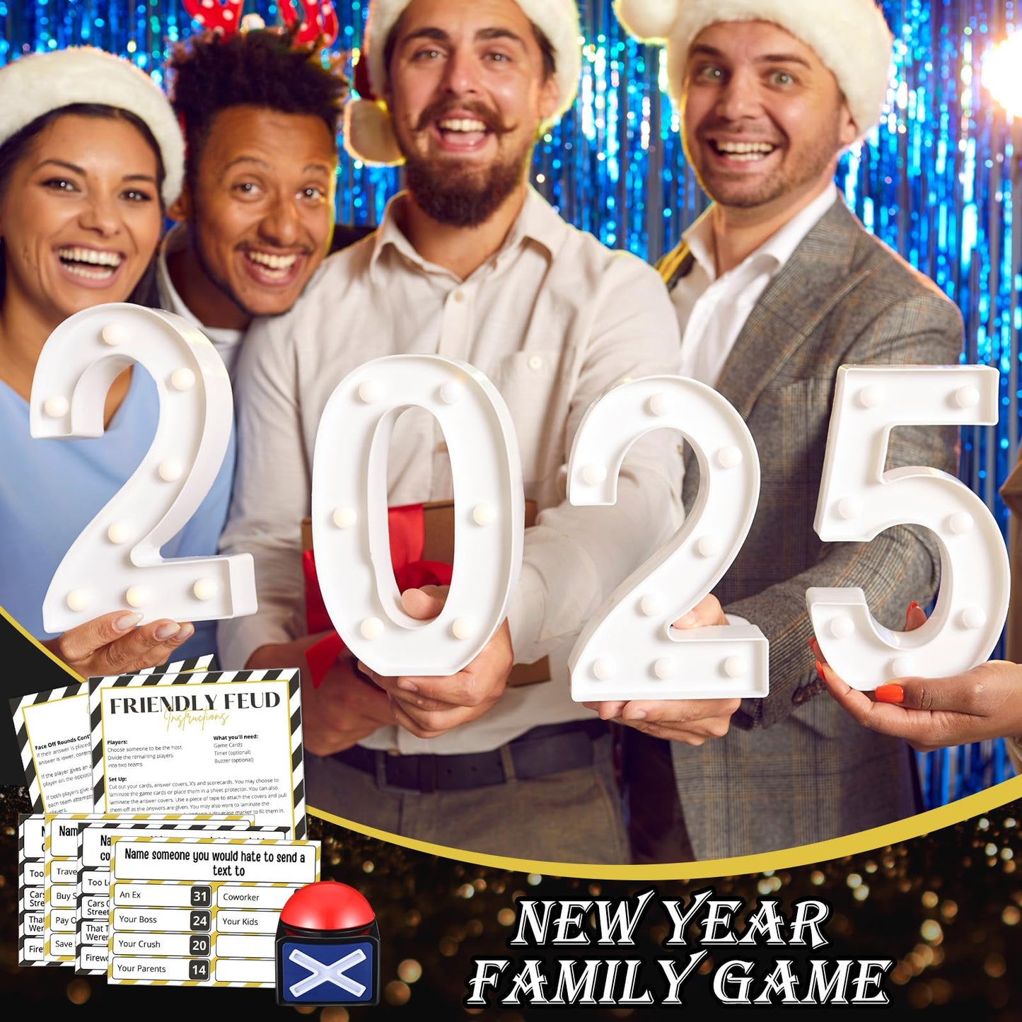 Syhood New Year Friendly Feud Card Game with 2 Answer Buzzers, New Years Eve Family Trivia Quiz Game Night, Fun Party Activities for Adults, Office, Classroom, Large Group and Team Building