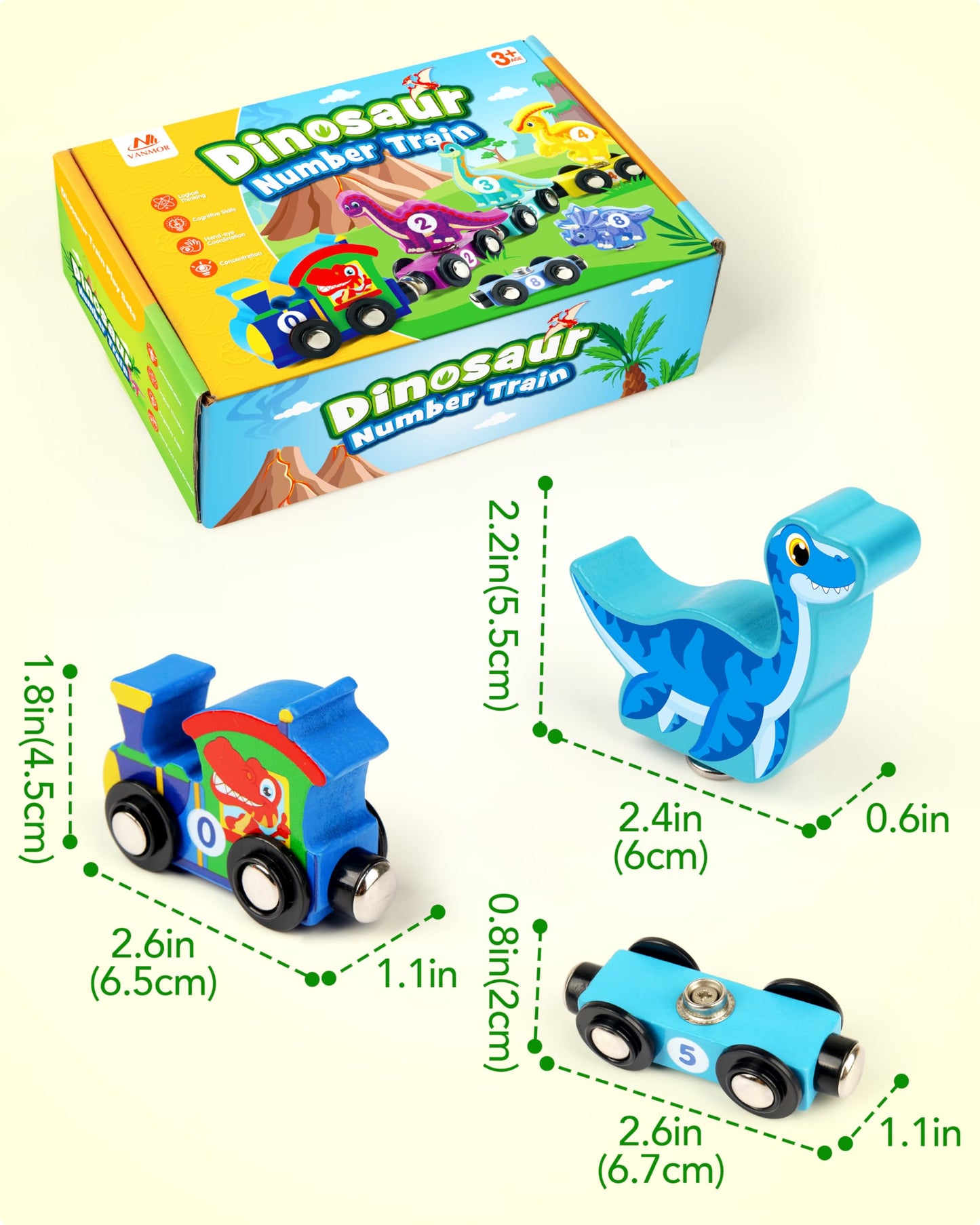 Vanmor Wooden Dinosaur Train Set for Toddlers - Magnetic Dinosaur Toys and Number Train, Montessori and Educational Toys Preschool Learning Activities for Kids, Birthday Gifts for Boys, Girls