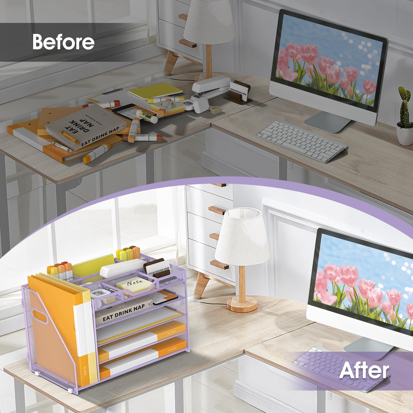 OrgMate 5 Tier Paper Letter Tray with File Holder and 3 Drop-in Pen Holders, Mesh Desk File Organizer with Handle, Desk Organizers and Accessories for School,Home, Office Supplies Storage-Purple