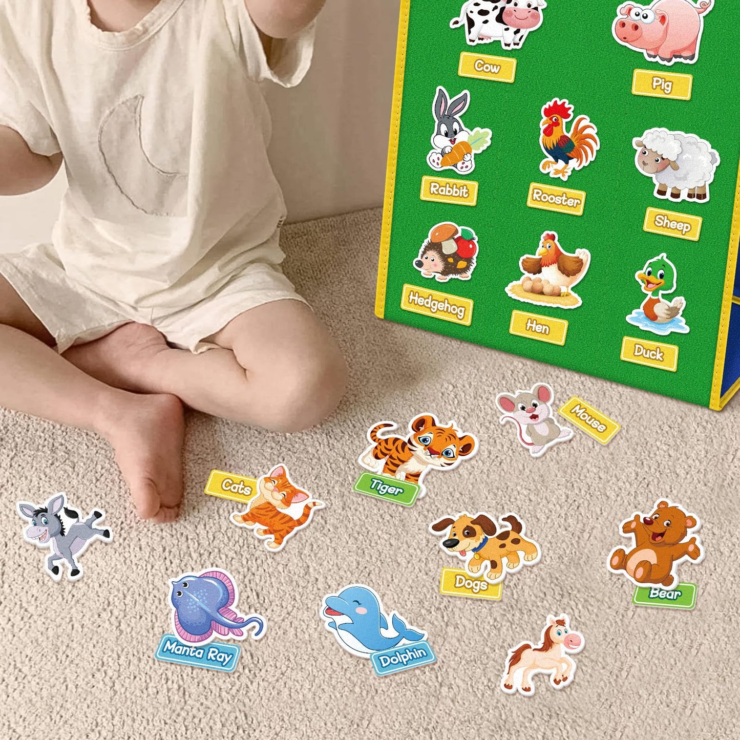 AKAYOK 90 Pcs Wild & Farm Animals Felt Board Story Pieces Set for Toddlers, Preschool & Kindergarten, Precut Felt Animals with Storage Pouch & Self Adhesive Dots Flannel Board Felt Toys
