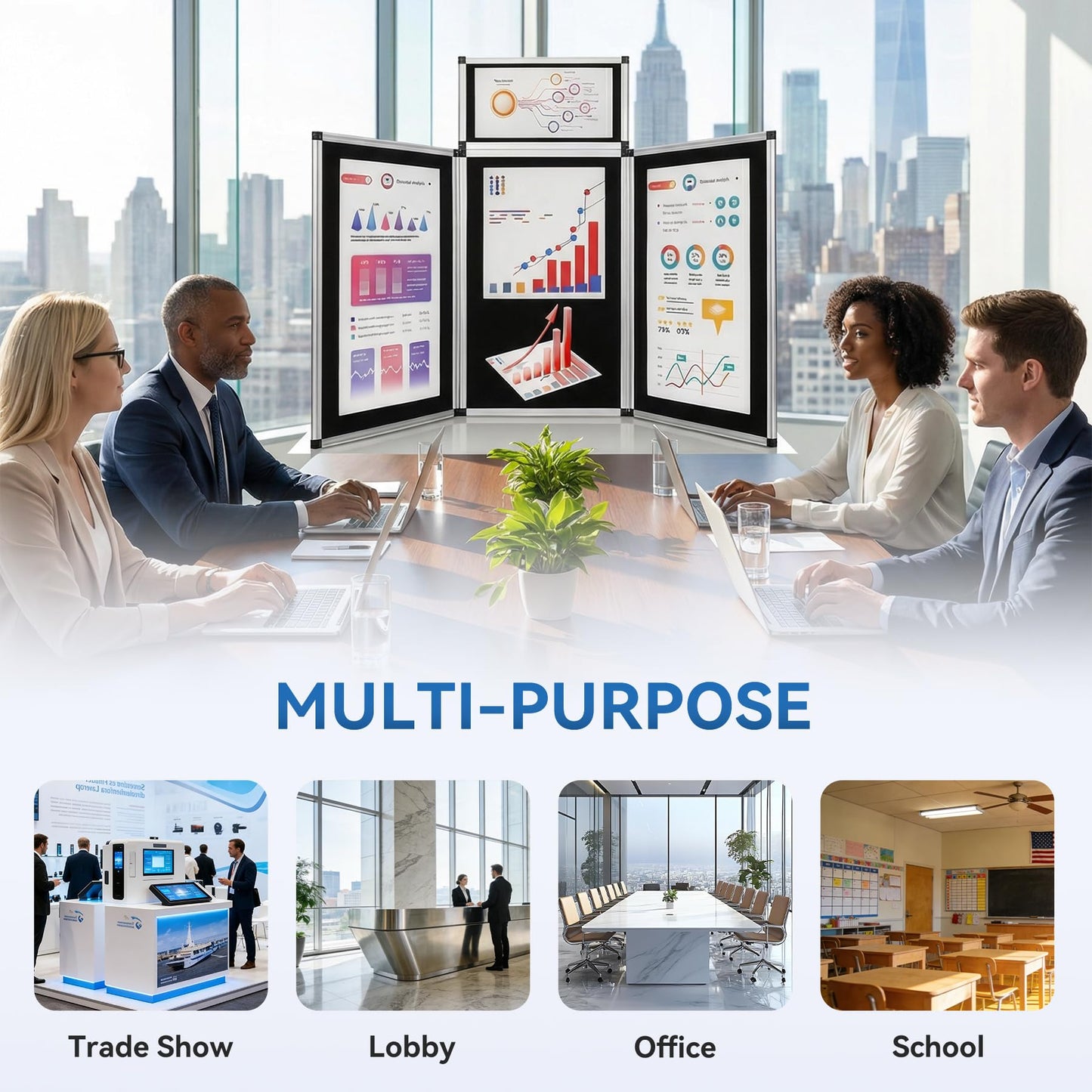 LITTLE TREE 3+1 Panel Trade Show Presentation Board, 70.8" x 35.4" Portable Panel Display, Folding 3 Panel Exhibition Boards Double Sided Tabletop Display Black Hook & Loop-Receptive Fabric with Bag