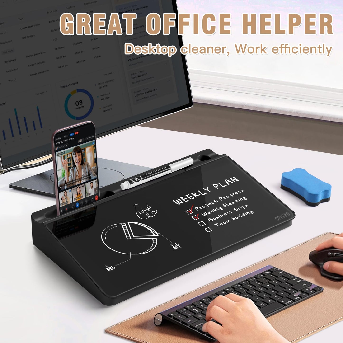 SELEAD Desktop Glass Whiteboard with Storage, Small Dry Erase White Board Computer Pad Keyboard Stand for Home, School, Office Desk Accessories - Black