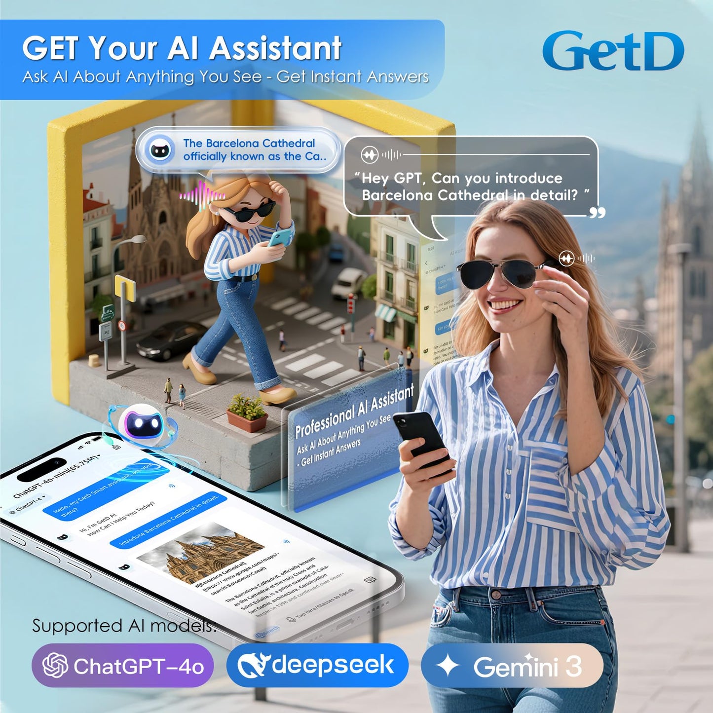 GetD AI Smart Glasses for Men Women with Classic Aviator, Nylon Polarized Bluetooth Sunglasses, Smart Sunglasses with ChatGPT AI Translation with for 145 Languages