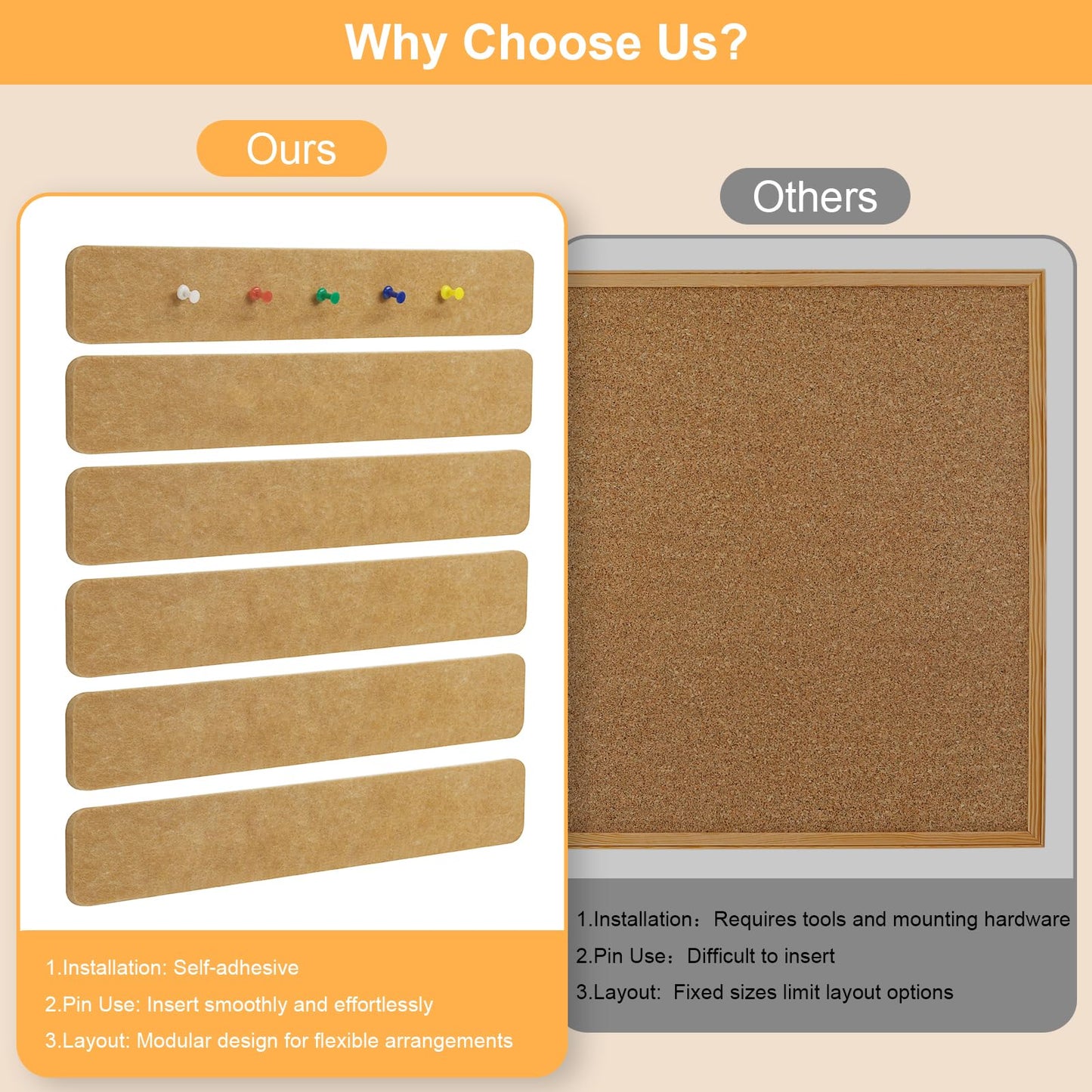 Fushing Cork Boards Felt Bulletin Boards, 13"x2" Pin Boards with Push Pins, Self-Adhesive, No-Drill Wall Mount Pin Boards for Classroom, Office, Home, Dorm, Bedroom Door (18)