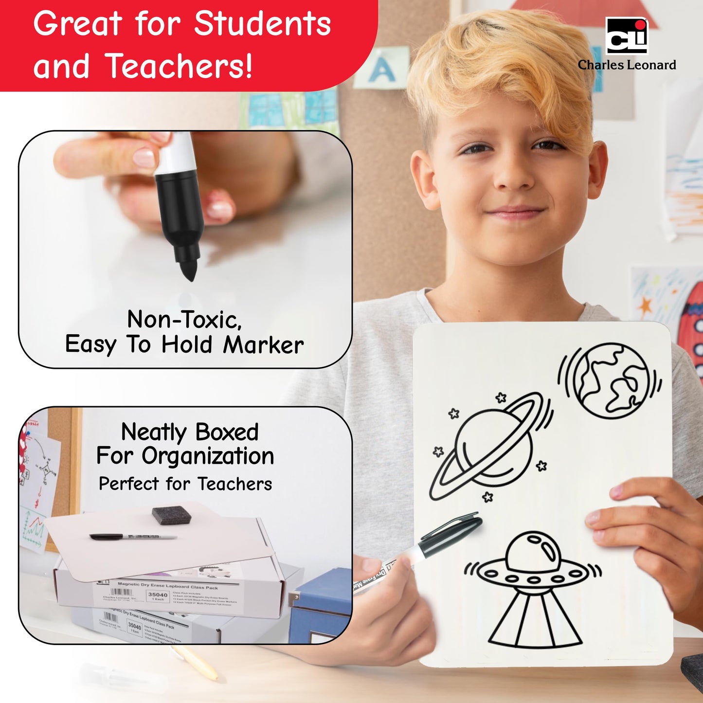 Charles Leonard Dry Erase Lapboard Class Pack, Includes 12 each of Whiteboards, 2 Inch Felt Erasers and Black Dry Erase Markers (35036), 12 Sets