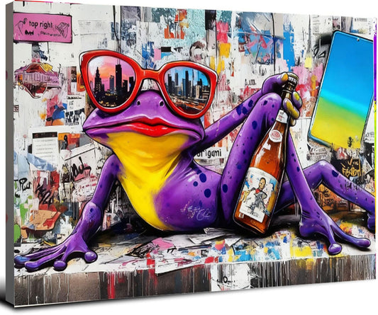 16x24 Urban Graffiti Purple Frog with Sunglasses Wall Art Canvas Painting Gallery Pop Art Street Artwork Decor Teen Little Boys Room Pictures Kids Bedroom Framed Posters for Men Office Living room