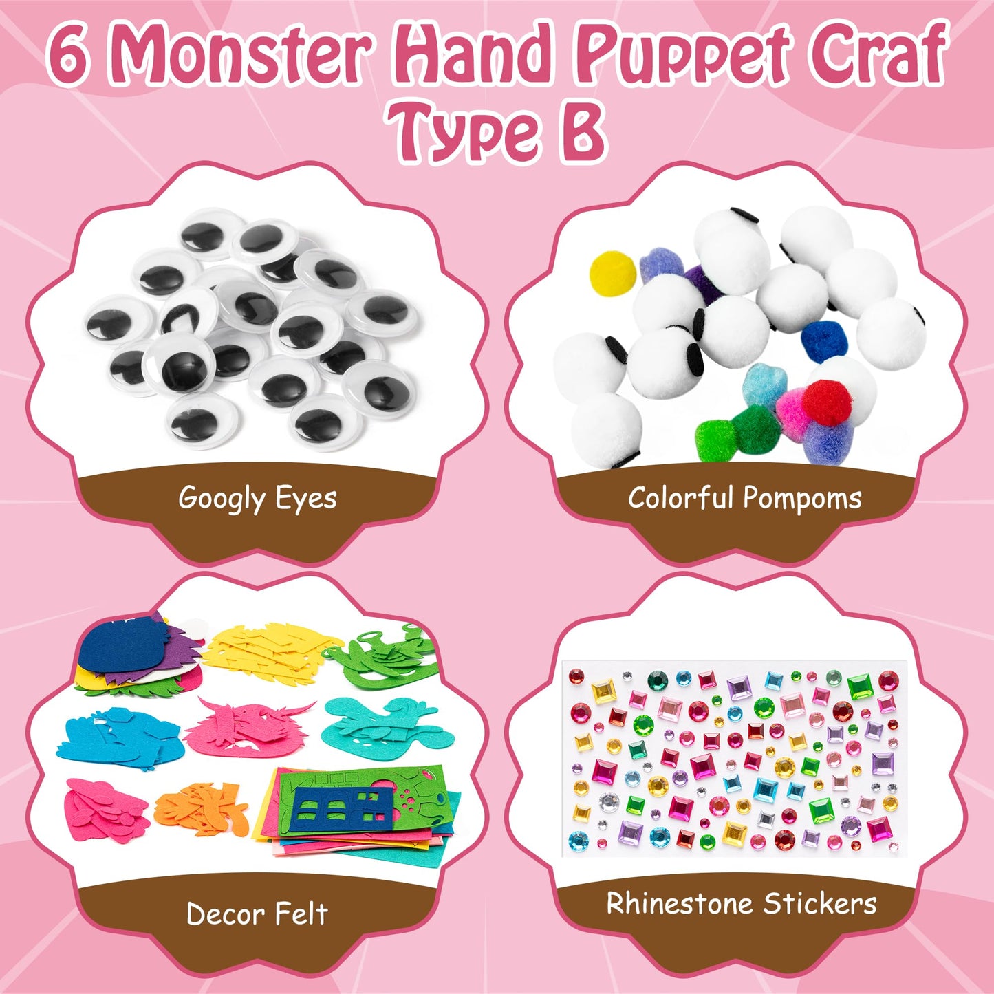 WATINC 6Pcs Hand Puppet Making Kit, Art Craft Felt Sock Puppet Toys, Creative DIY Make Your Own Pompoms Wiggle Googly Eyes Storytelling Role Play Party Supplies Gift for Girls Boys(Monster B)